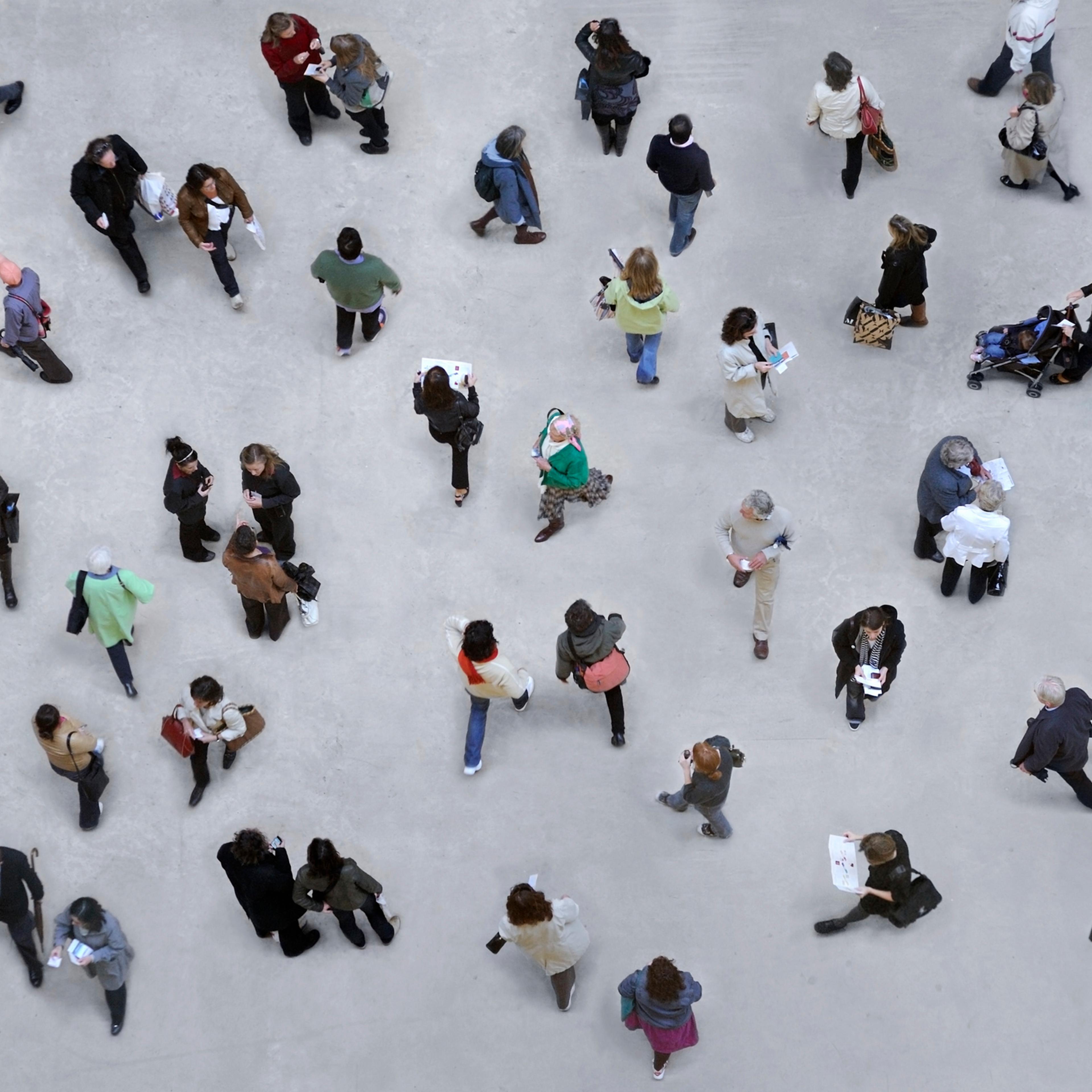 Shot of many pedestrians from above.