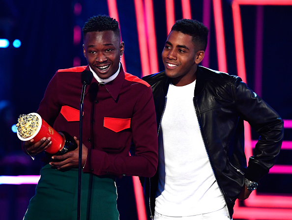 Ashton Sanders (L) and Jharrel Jerome, winners of Best Kiss for 'Moonlight', accept award onstage during the 2017 MTV Movie And TV Awards at The Shrine Auditorium on May 7, 2017 in Los Angeles, California.