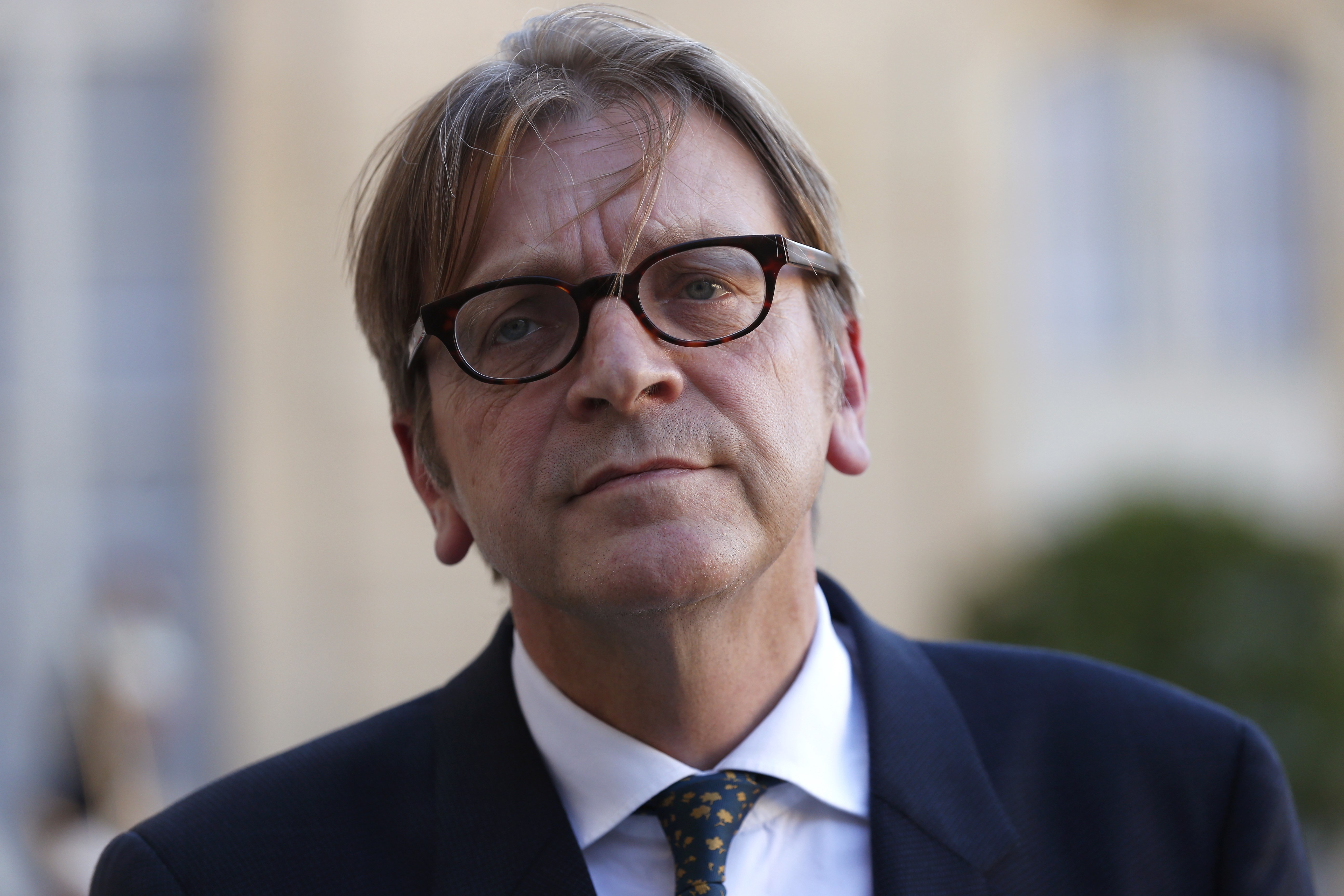 Guy Verhofstadt, Belgian member of the European Parliament, leader of the Alliance of liberals and Democrats for Europe (ALDE) group, and former Belgium prime minister, speaks to journalists after a meeting with French President at the Elysee Presidentia