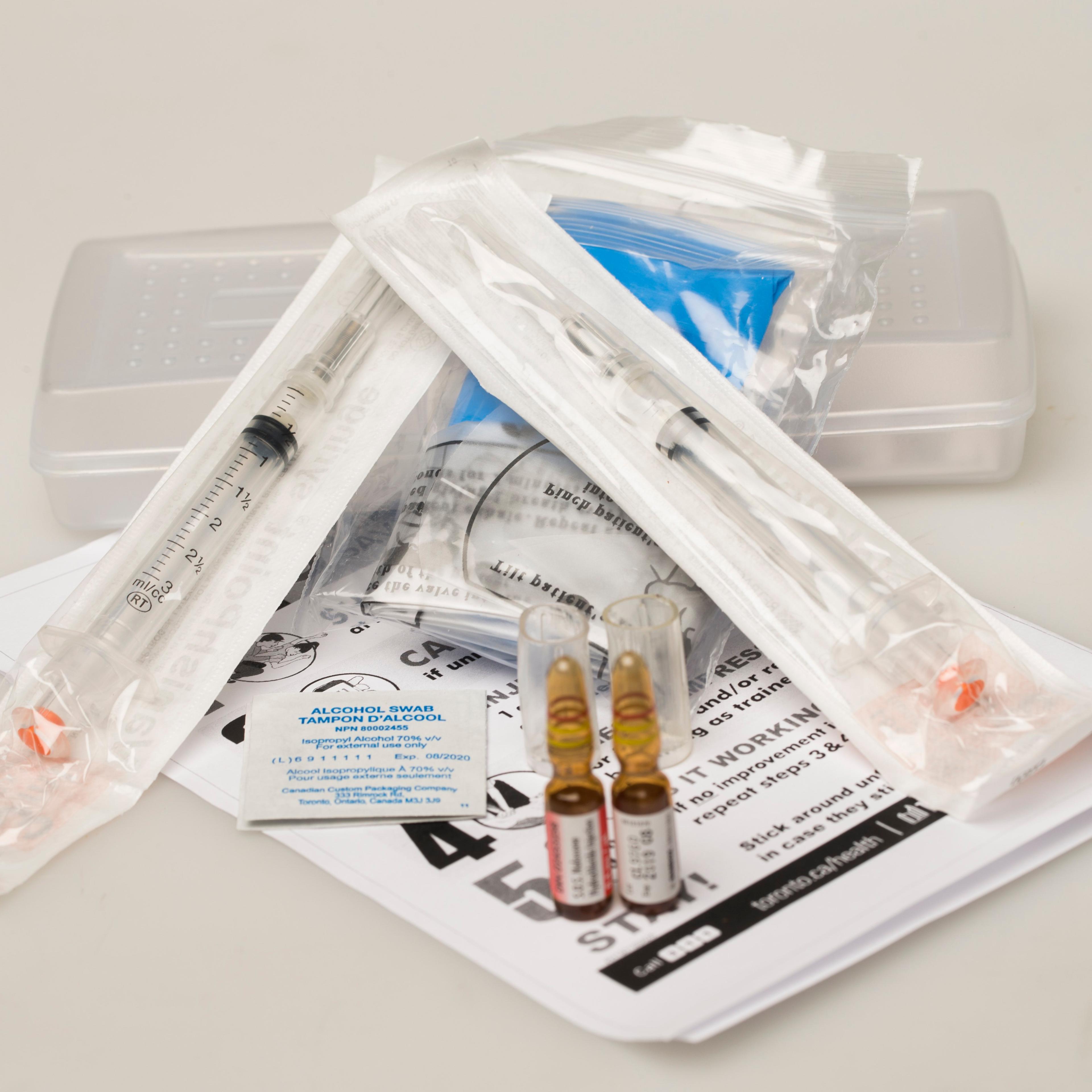 Naloxone kit, as purchased over the countrer.