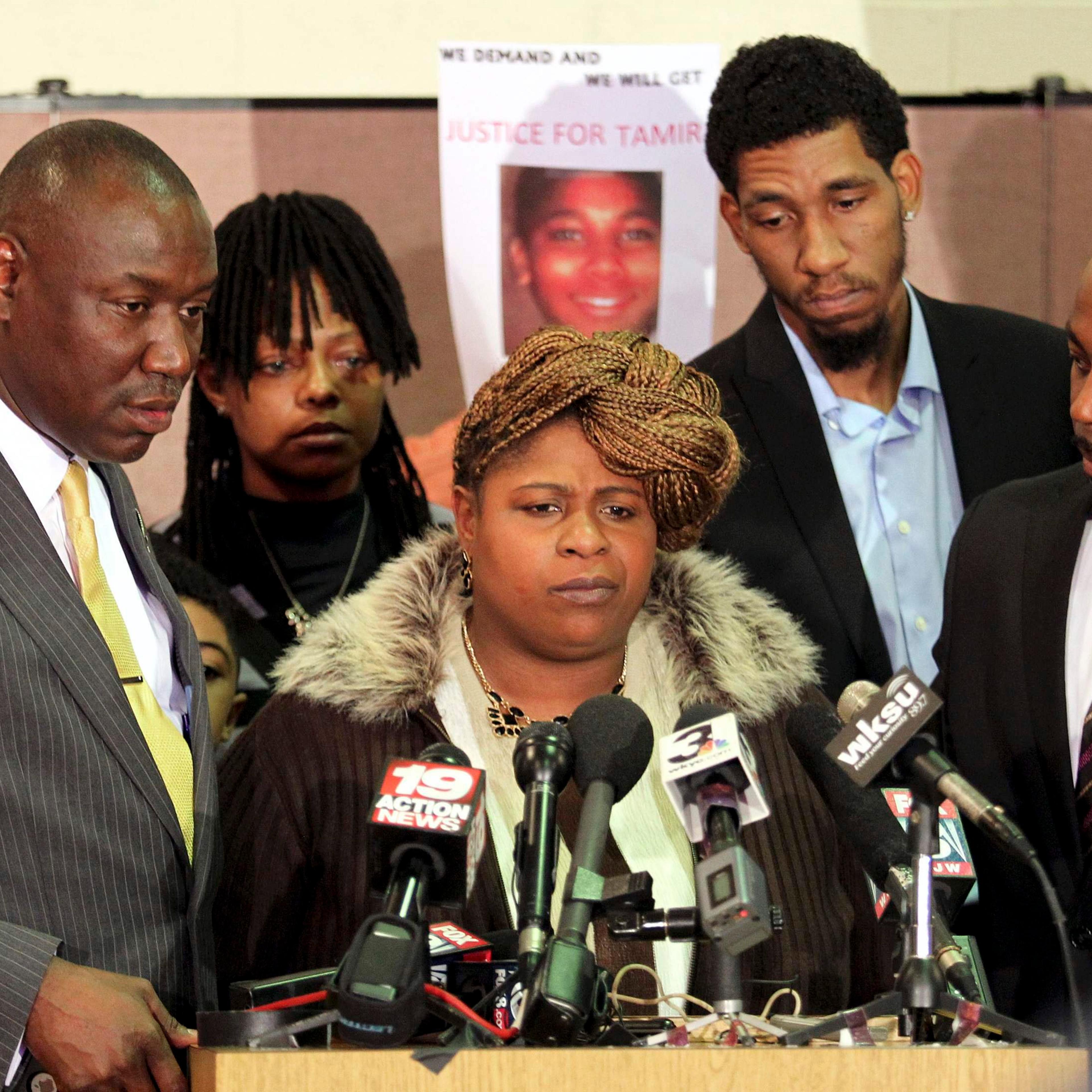 Samaria Rice, the mother of Tamir Rice along side Benjamin Crump, Leonard Warner and Walter Madison speaks during a news conference in Cleveland