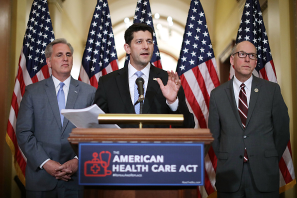 Speaker of the House Paul Ryan (R-WI) (C) takes questions from reporters about the American Health Care Act during a news conference with House Majority Leader Kevin McCarthy (R-CA) (L) and House Energy and Commerce Committee Chairman Greg Walden (R-OR) 