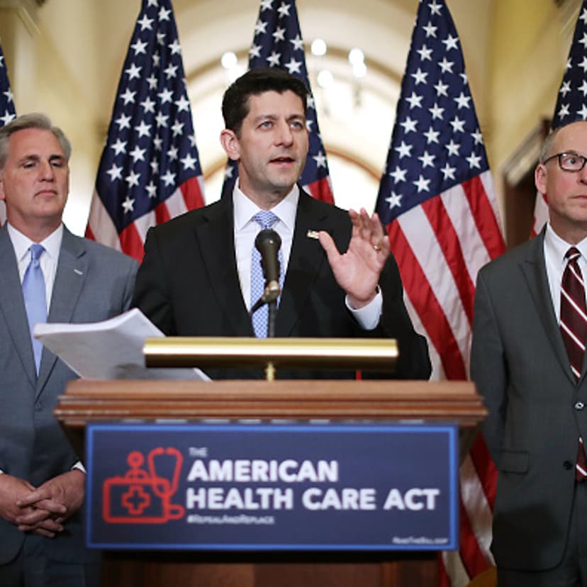 Speaker of the House Paul Ryan (R-WI) (C) takes questions from reporters about the American Health Care Act during a news conference with House Majority Leader Kevin McCarthy (R-CA) (L) and House Energy and Commerce Committee Chairman Greg Walden (R-OR)