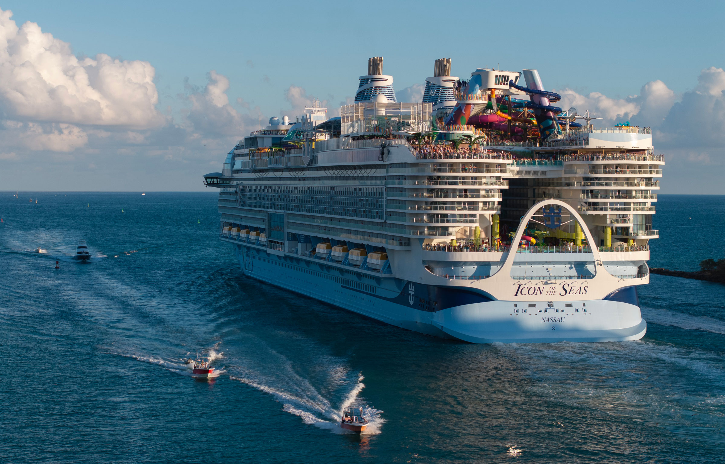 In an aerial view, Royal Caribbean's Icon of the Seas, billed as the world's largest cruise ship, heads out to sea for its second voyage from Miami.