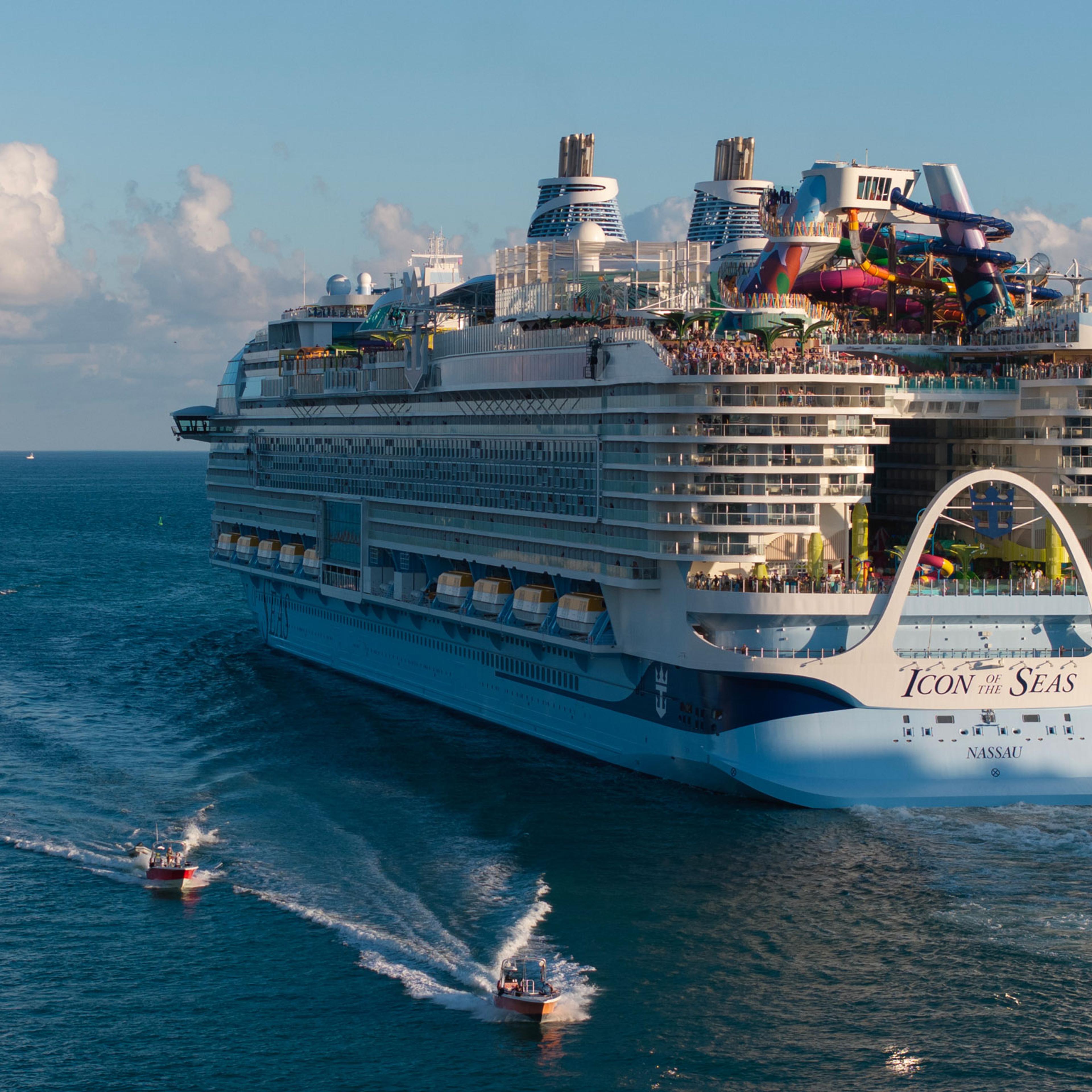In an aerial view, Royal Caribbean's Icon of the Seas, billed as the world's largest cruise ship, heads out to sea for its second voyage from Miami.