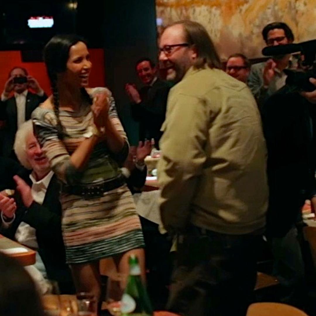 Wylie Dufresne is surprised by a retinue of famous foodies, including Padma Lakshmi.