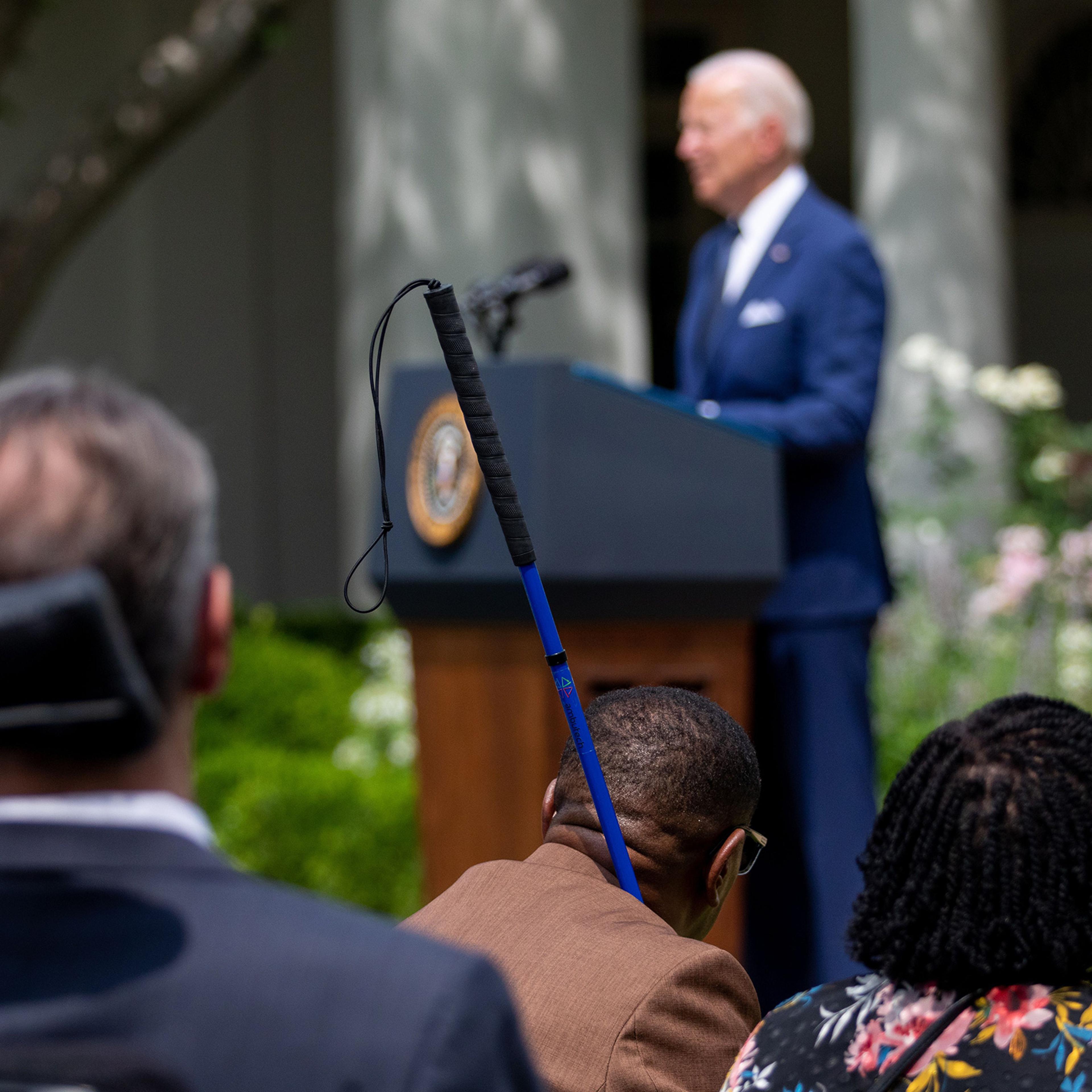 Audience members listen as president Joe Biden speaks during an event marking the 31st anniversary of the Americans with Disabilities Act in the Rose Garden of the White House in Washington, D.C., on July 26, 2021.