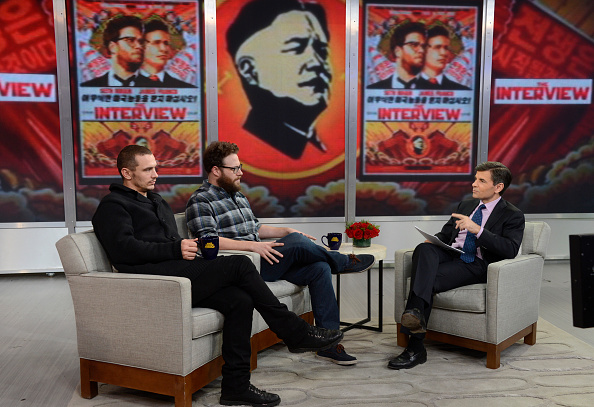 Stars of 'The Interview' James Franco and Seth Rogen, left and center, appear on 'Good Morning America' on Dec. 15, 2014