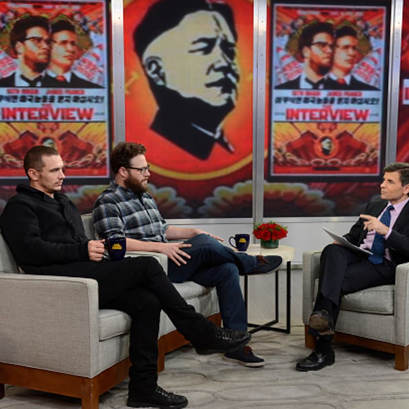 Stars of 'The Interview' James Franco and Seth Rogen, left and center, appear on 'Good Morning America' on Dec. 15, 2014