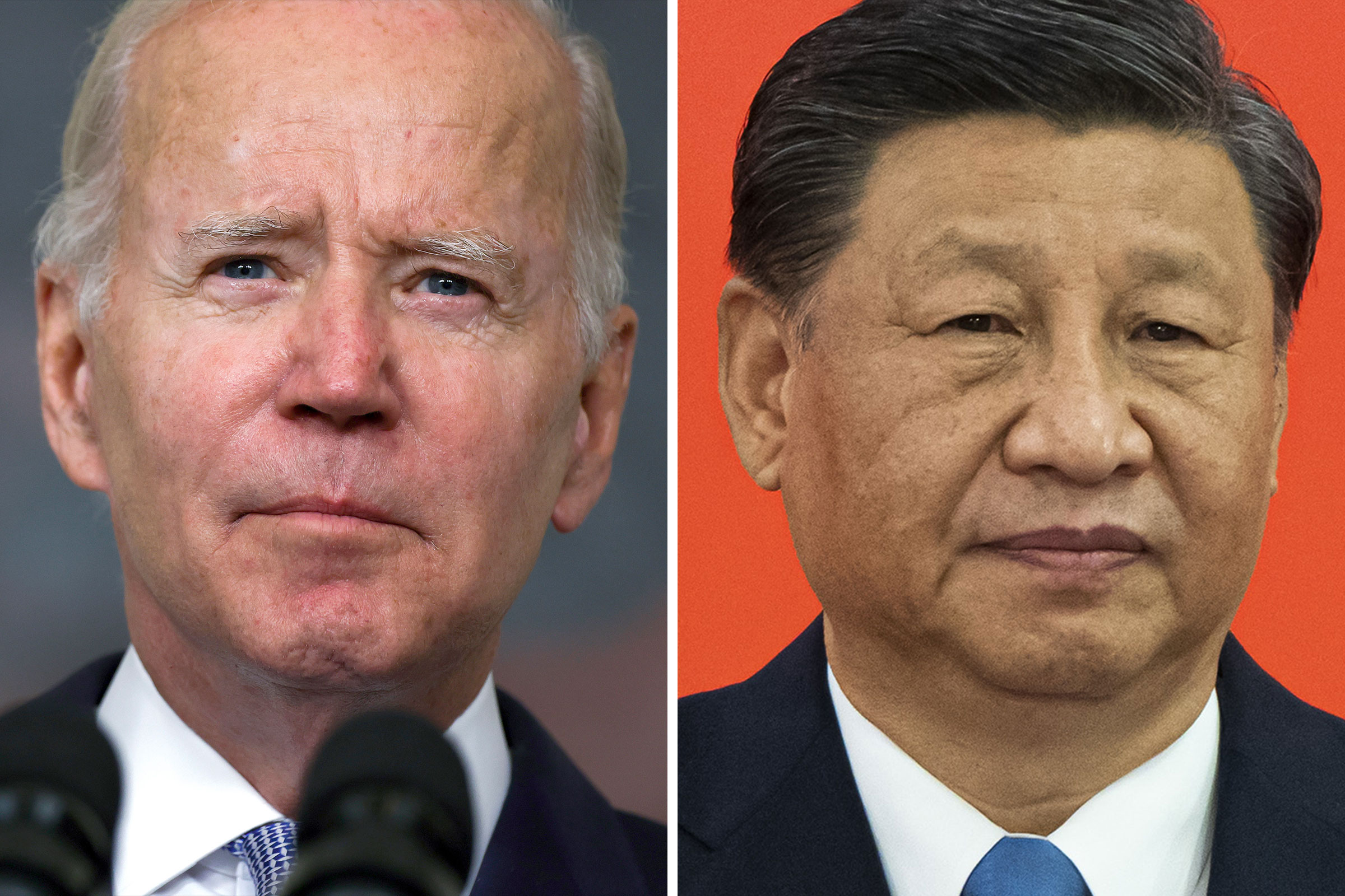 President Joe Biden delivers remarks in the State Dining Room of the White House on July 28, 2022; China's President Xi Jinping at the West Kowloon Station in Hong Kong, on June 30, 2022.