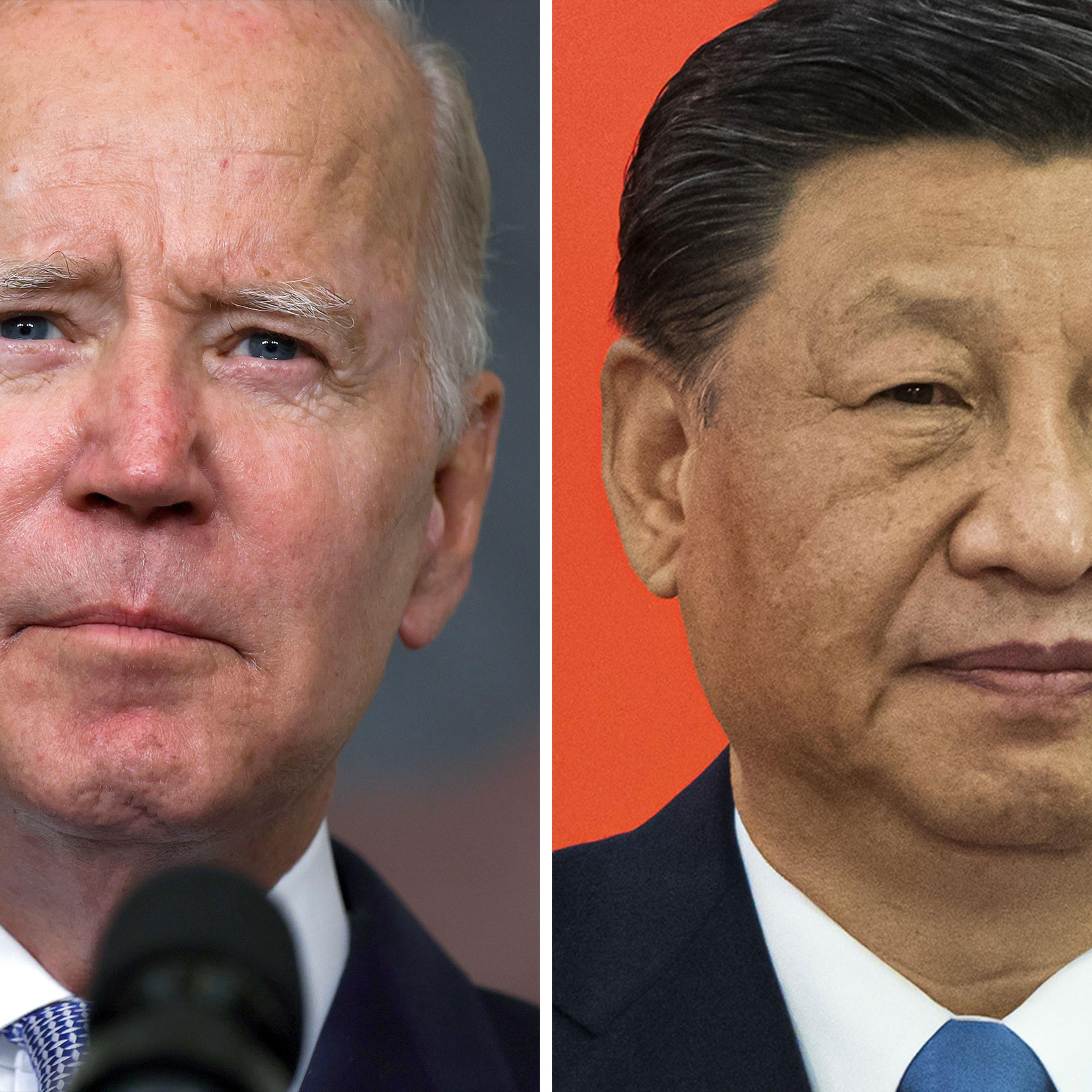 President Joe Biden delivers remarks in the State Dining Room of the White House on July 28, 2022; China's President Xi Jinping at the West Kowloon Station in Hong Kong, on June 30, 2022.