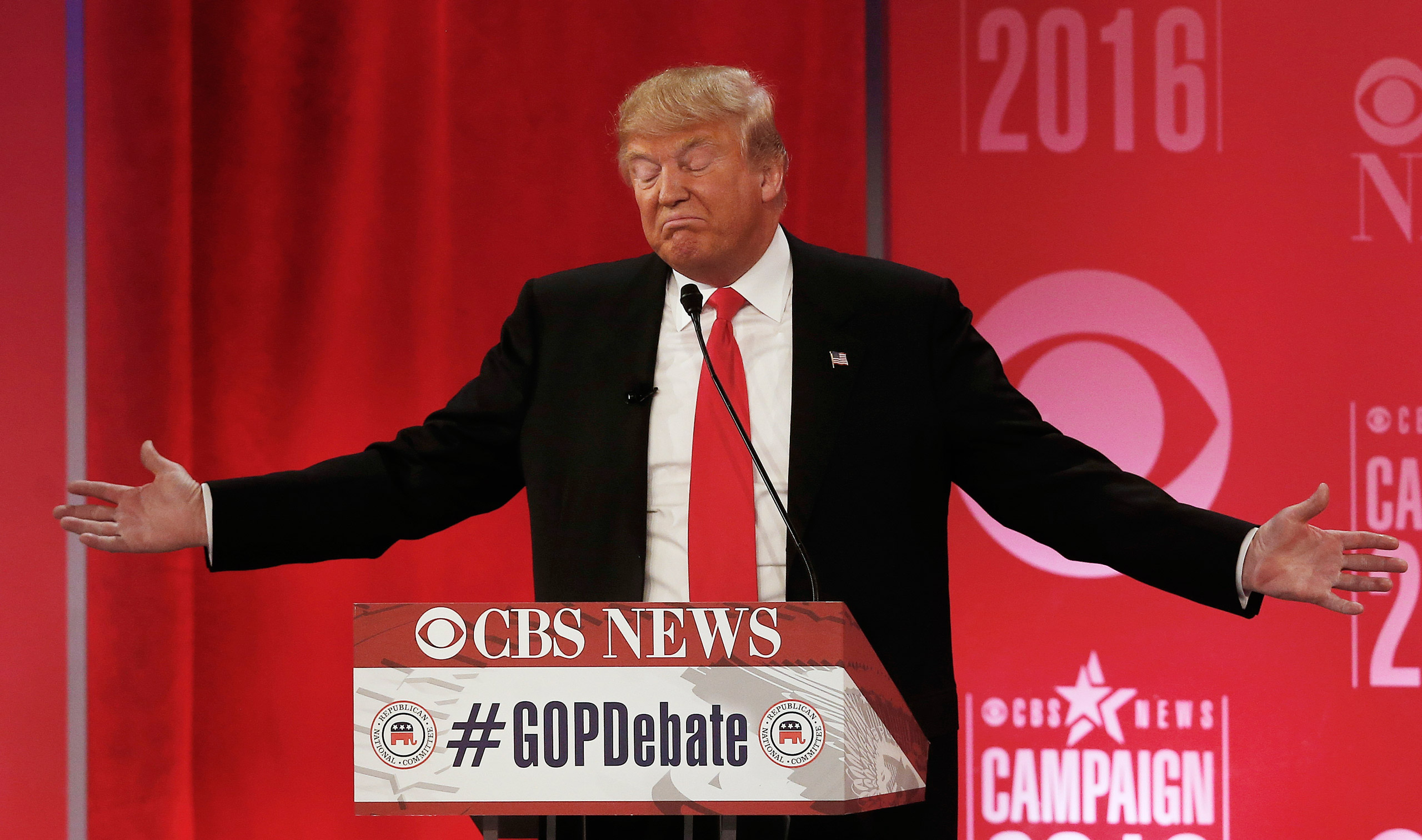Republican presidential candidate, businessman Donald Trump speaks during the CBS News Republican presidential debate at the Peace Center, Saturday, Feb. 13, 2016, in Greenville, S.C. (AP Photo/John Bazemore)
