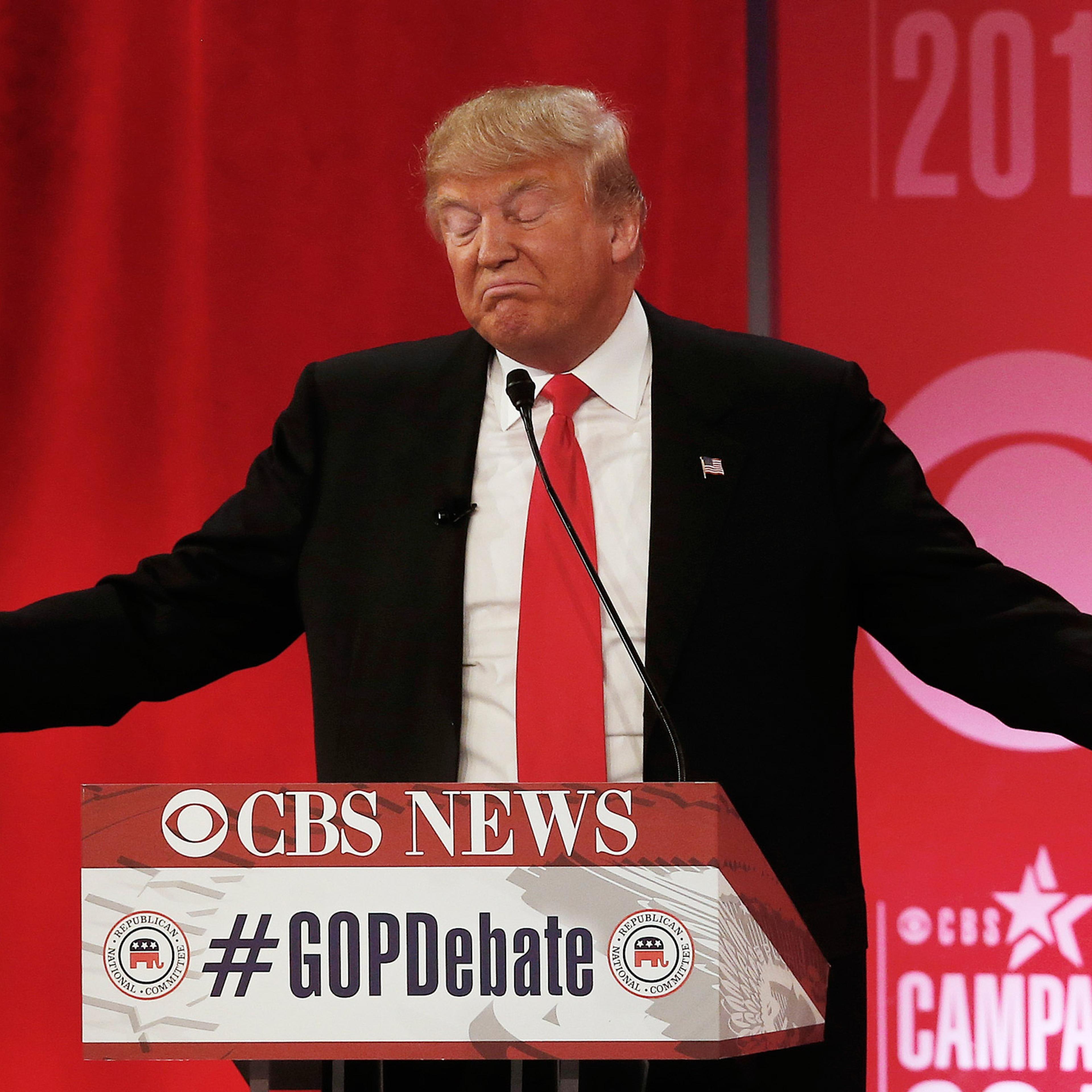 Republican presidential candidate, businessman Donald Trump speaks during the CBS News Republican presidential debate at the Peace Center, Saturday, Feb. 13, 2016, in Greenville, S.C. (AP Photo/John Bazemore)