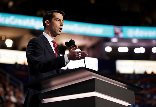Sen. Tom Cotton (R-AR) delivers a speech on the first day of the Republican National Convention on July 18, 2016 at the Quicken Loans Arena in Cleveland, Ohio.