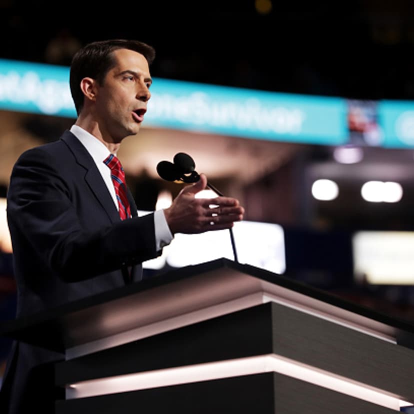 Sen. Tom Cotton (R-AR) delivers a speech on the first day of the Republican National Convention on July 18, 2016 at the Quicken Loans Arena in Cleveland, Ohio.
