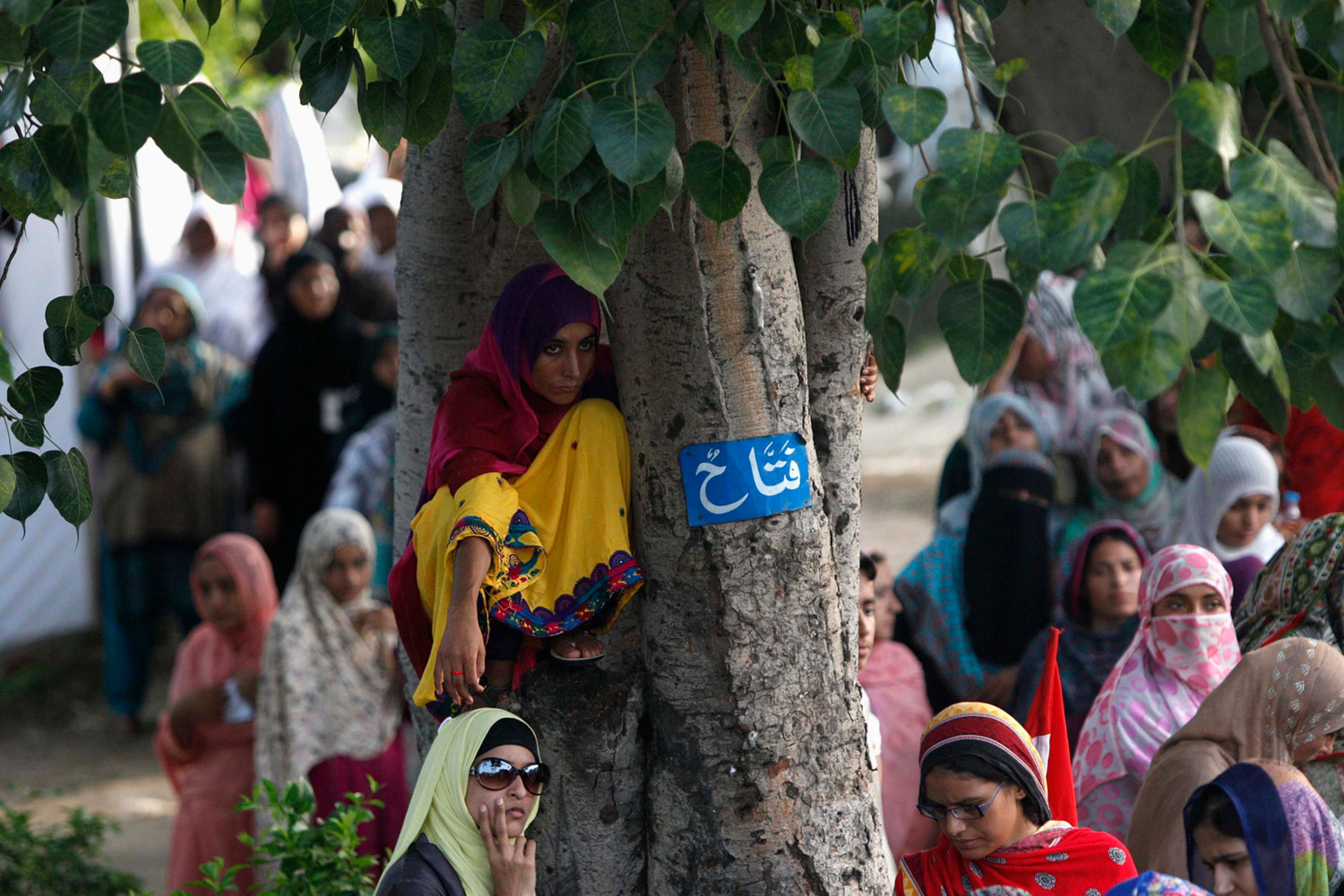 Supporter of Mohammad Tahir ul-Qadri sits on a tree while listening to his speech with others during the Revolution March in Islamabad