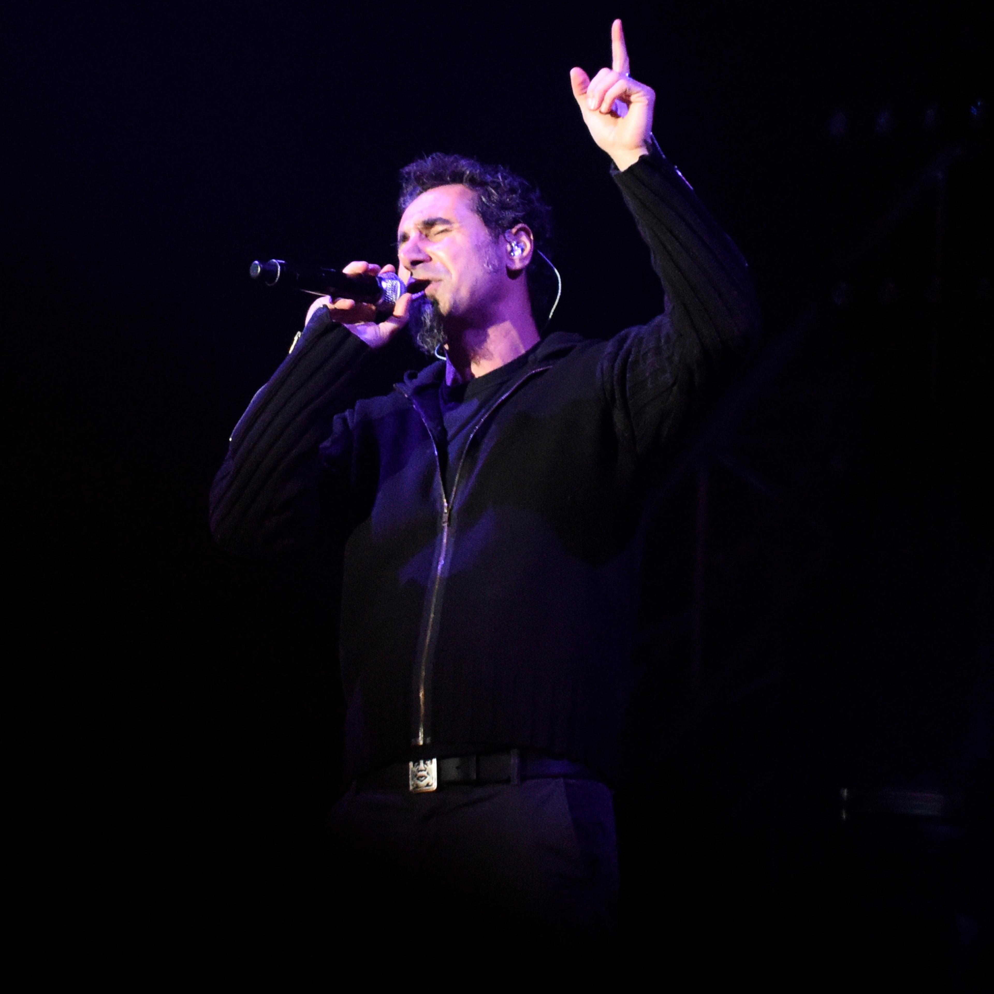 Serj Tankian of the hard rock band System of a Down performs at Yerevan's Republic Square on April 23, 2015.