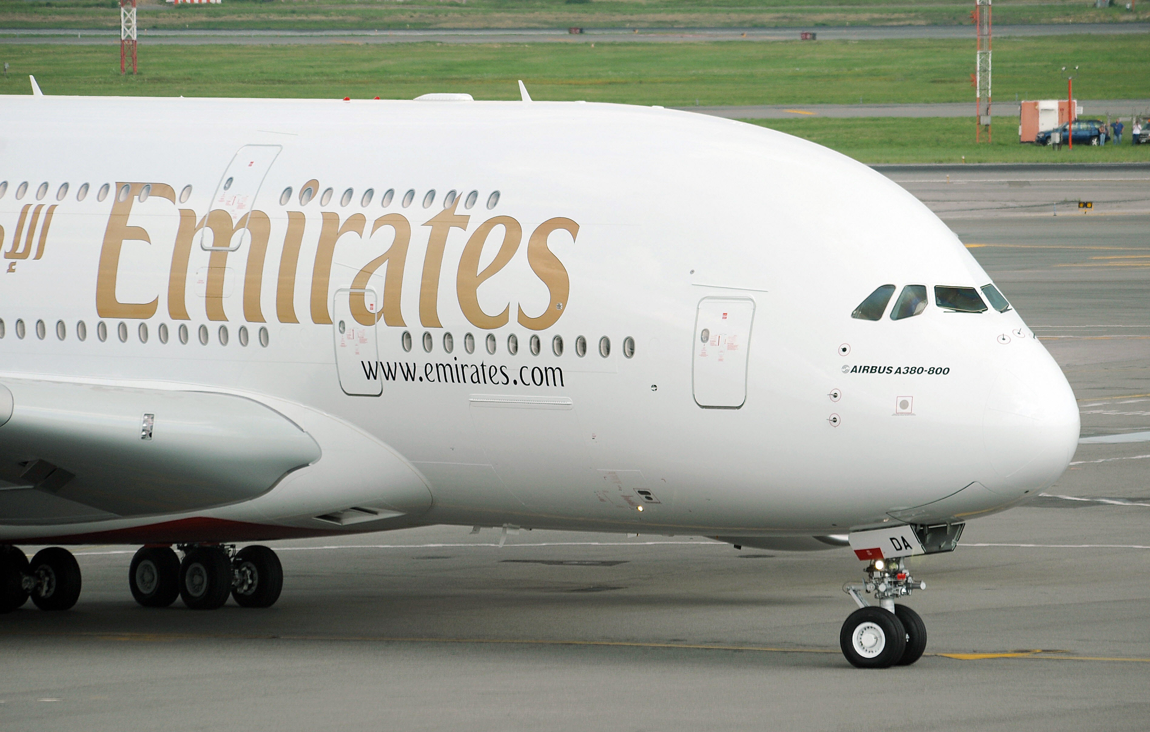 An Emirates Airline flight from Dubai lands on August 1, 2008 becoming the first commercial Airbus A380 jet to land in the United States at John F. Kennedy International Airport in New York.
