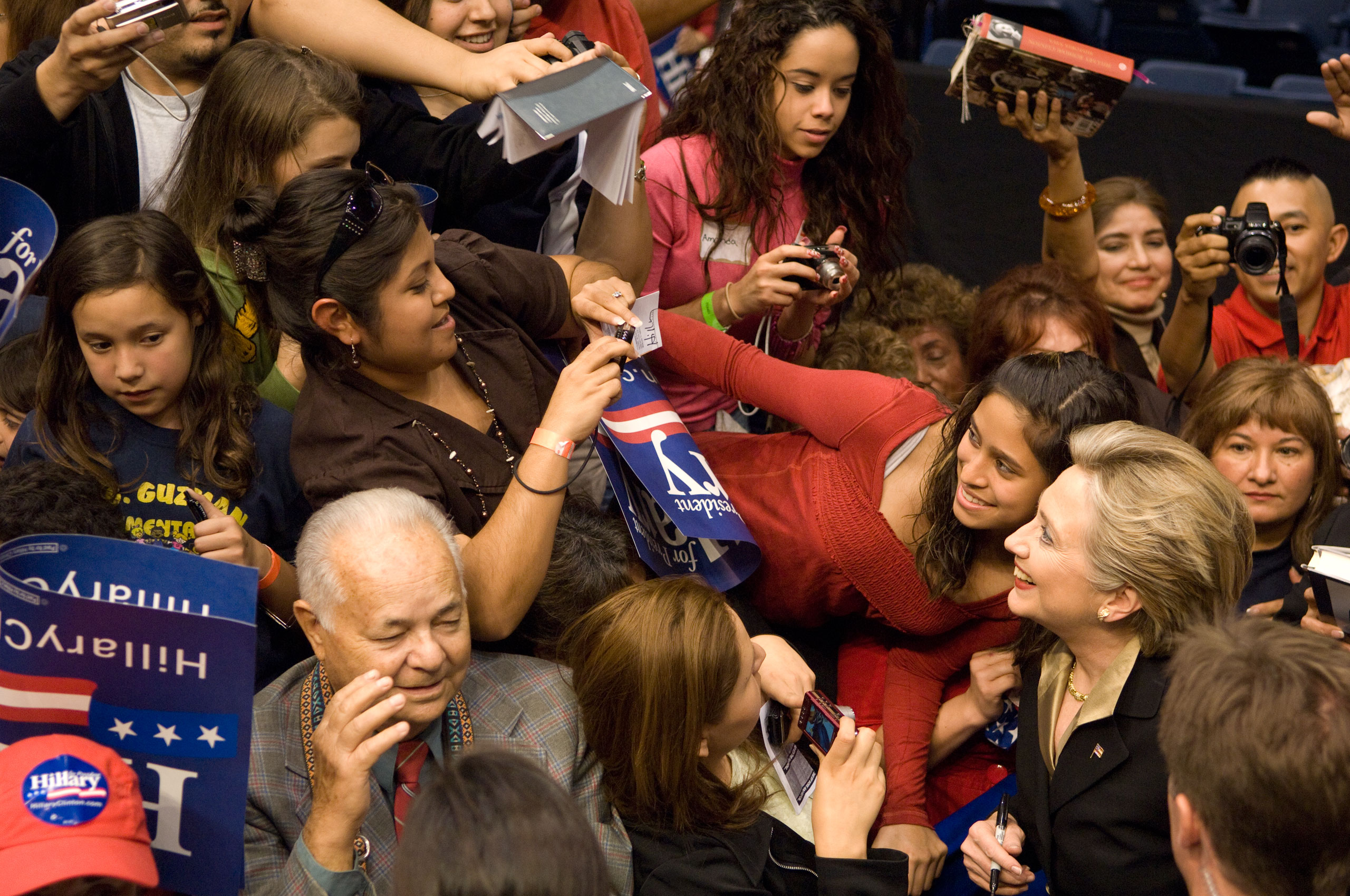 Sen. Hillary Clinton greeting supporters after a speech on the campaign in Hidalgo, Texas.