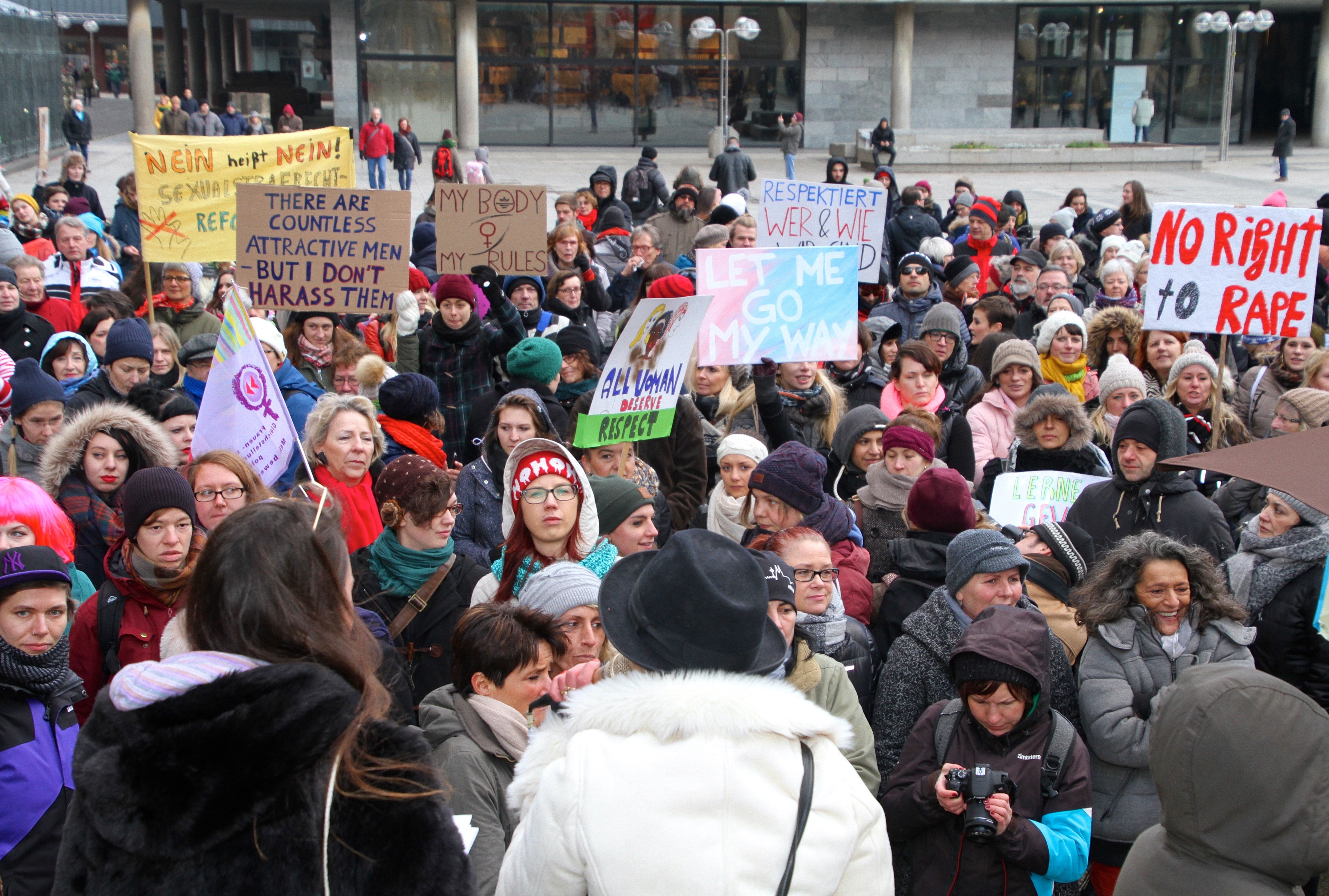 Demonstrators, mostly including women, gather in front of the Cologne Cathedral to protest sexual harassment incidents in Cologne, Germany, on Jan. 17, 2016.