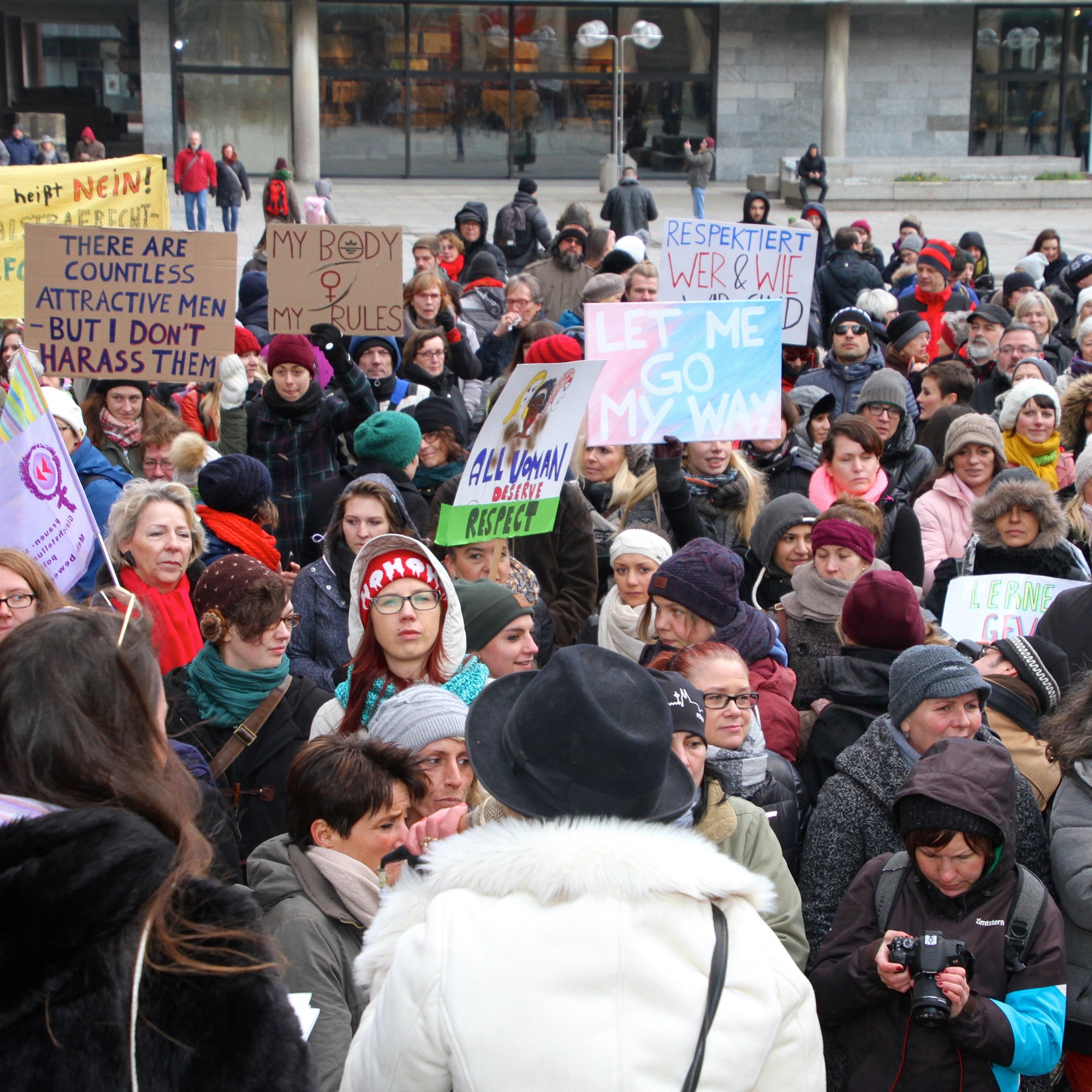 Demonstrators, mostly including women, gather in front of the Cologne Cathedral to protest sexual harassment incidents in Cologne, Germany, on Jan. 17, 2016.