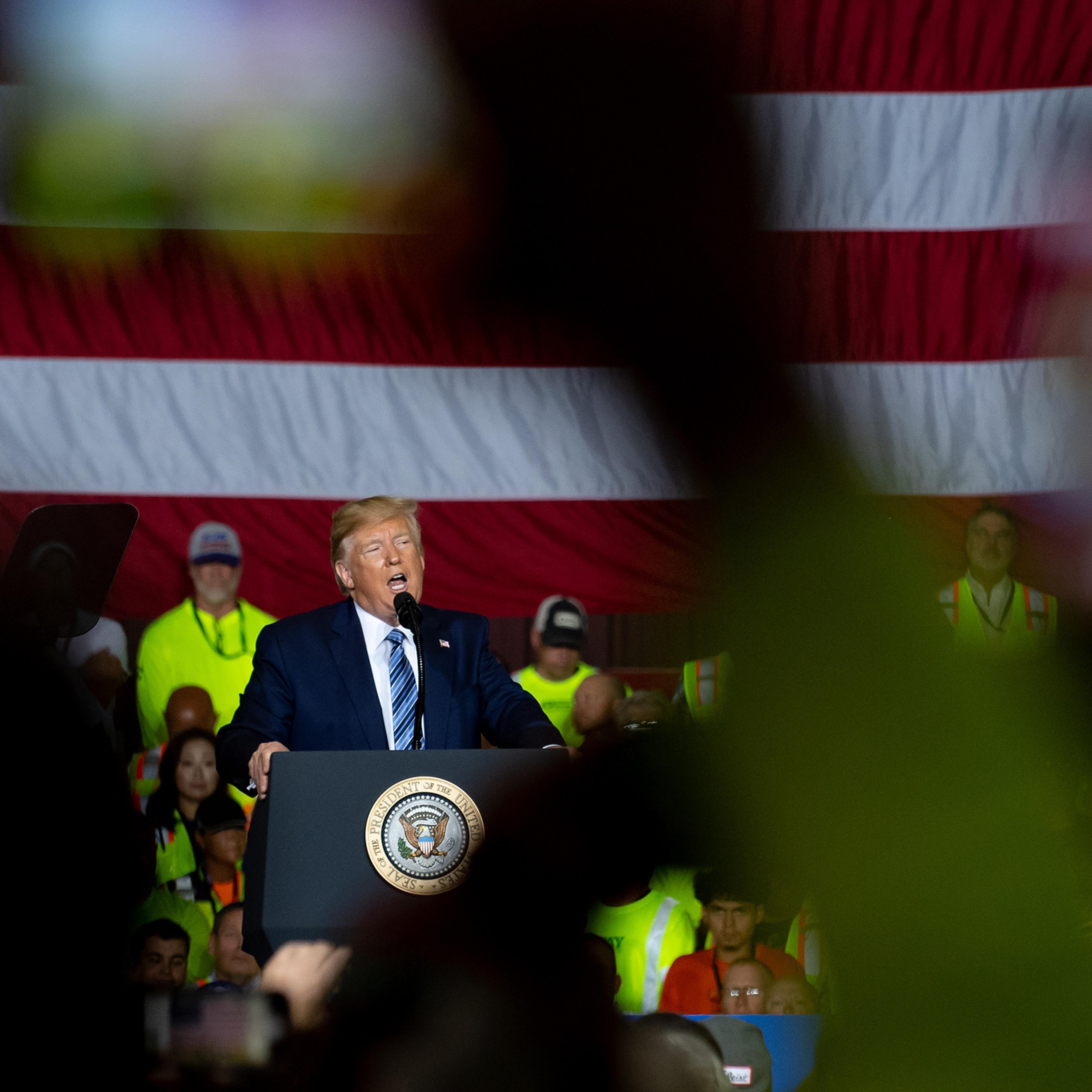 President Donald Trump speaks to contractors at the Shell Chemicals Petrochemical Complex on Aug. 13, 2019 in Monaca, Pa.
