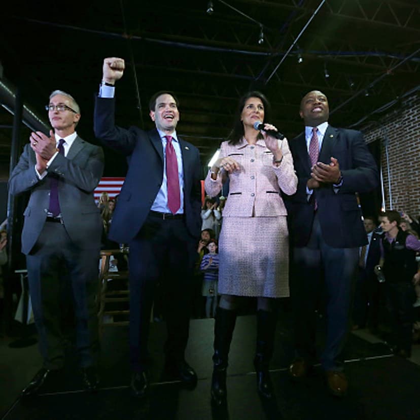 Republican presidential candidate Sen. Marco Rubio (R-FL) (2nd L) campaigns with (L-R) Rep. Trey Gowdy (R-SC), Governor Nikki Haley, and Sen. Tim Scott (R-SC) during an event February 18, 2016, in Greenville, South Carolina.