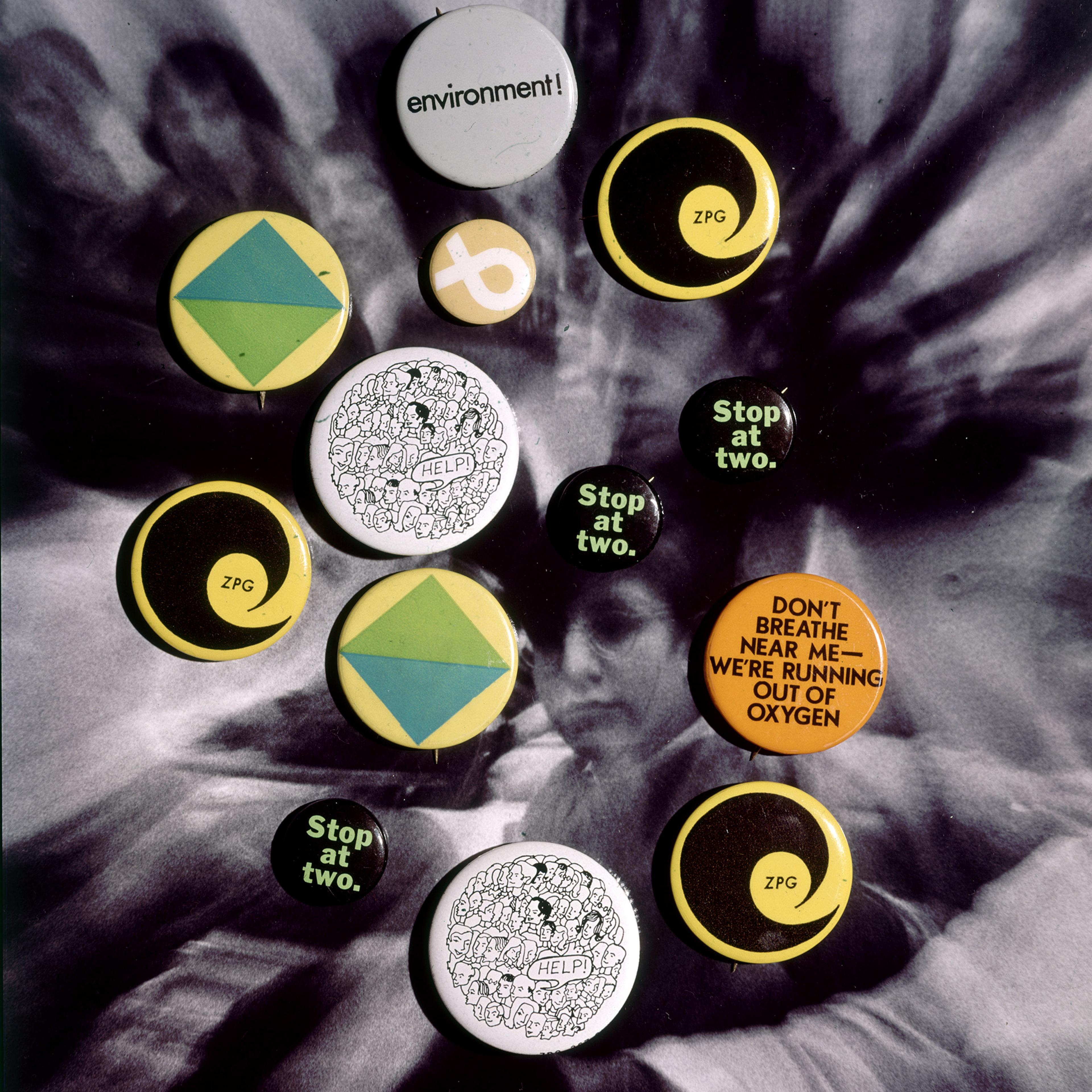 Ecology and population control buttons from the Zero Population Growth movement at Ithaca College NY 1970.