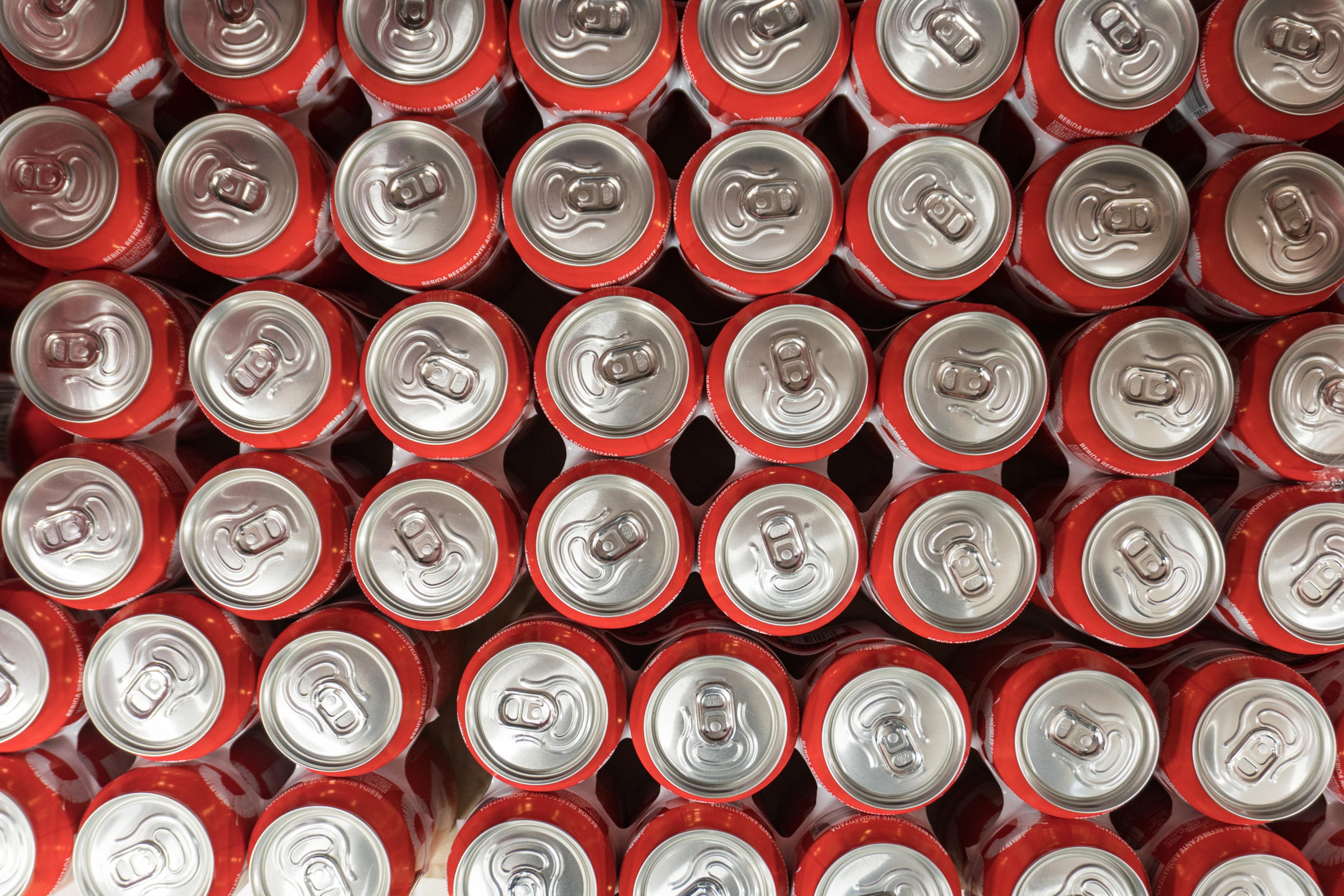 High angle view of drink cans