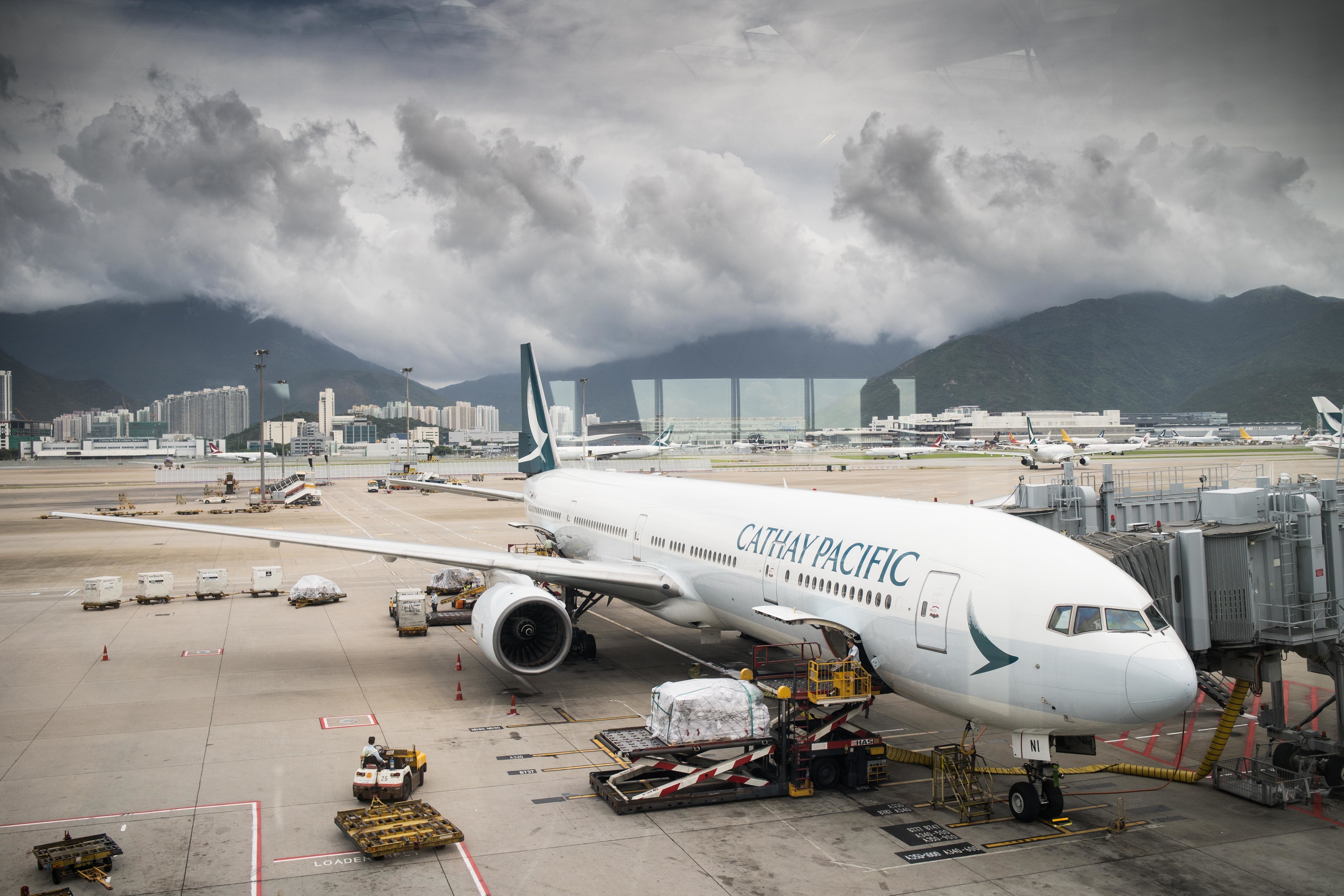 A Cathay Pacific Boeing 777-300 aircraft seen at the gate in