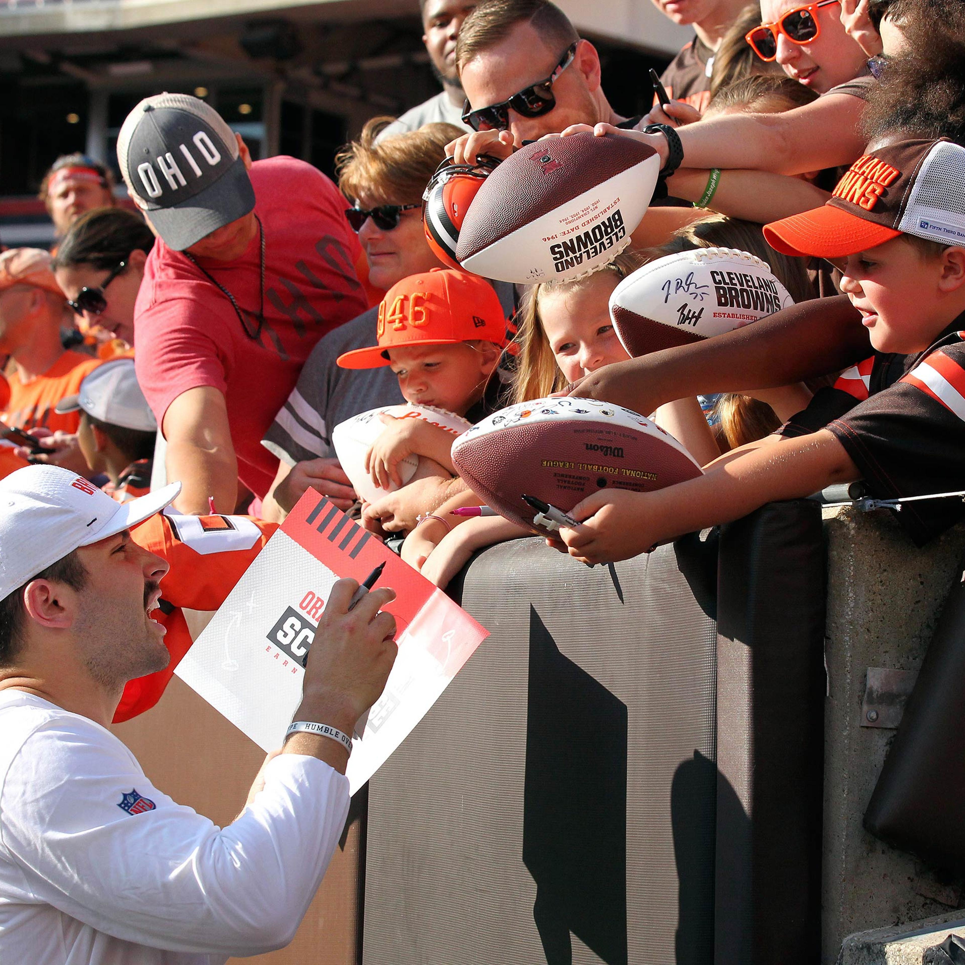 Fans clamor for Baker Mayfield, who set the NFL rookie record for TD passes in 2018, at a Browns scrimmage in August.