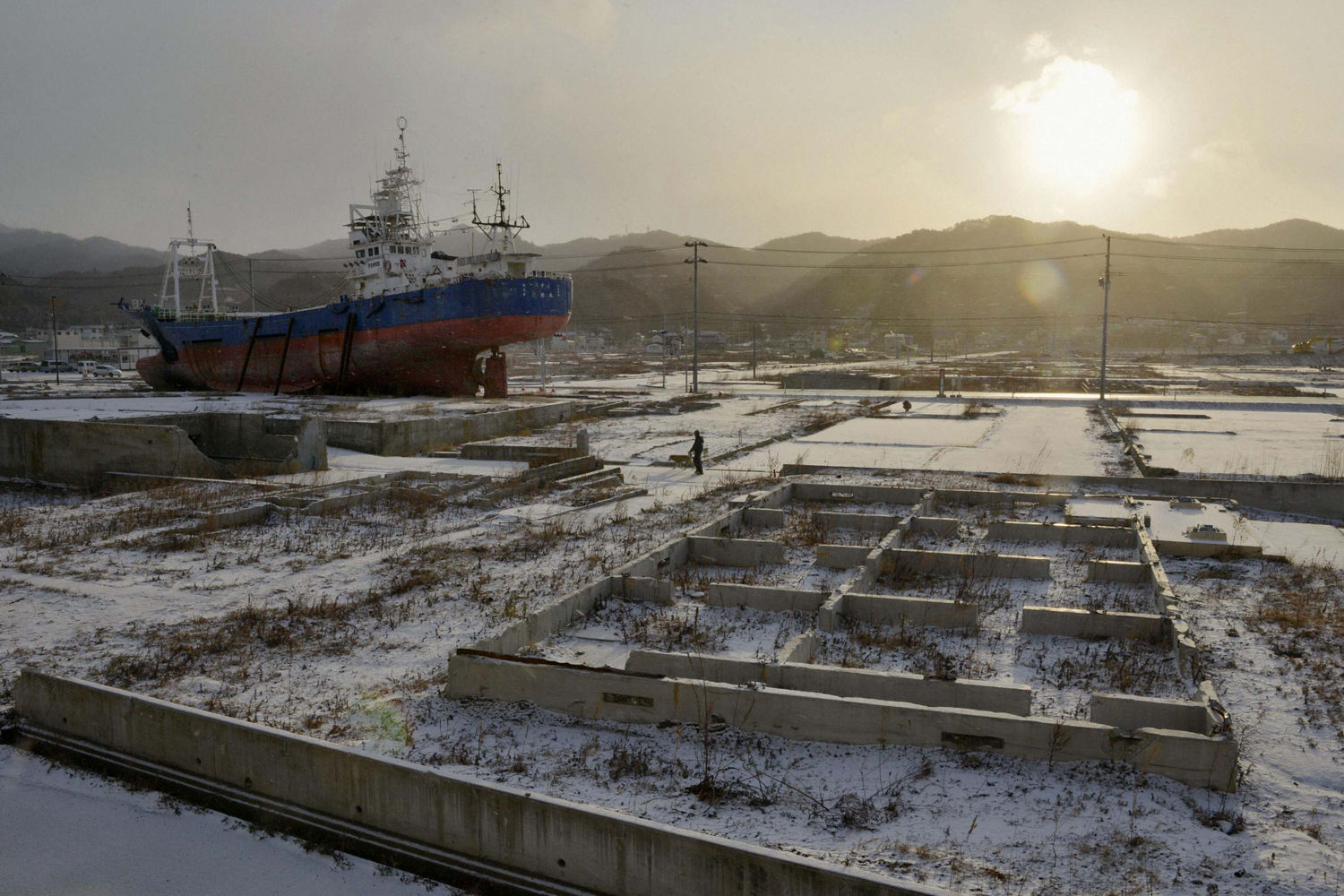 Local resident and a dog walk near a ship brought ashore by the March 11, 2011 tsunami and earthquake in Kesennuma, Miyagi Prefecture