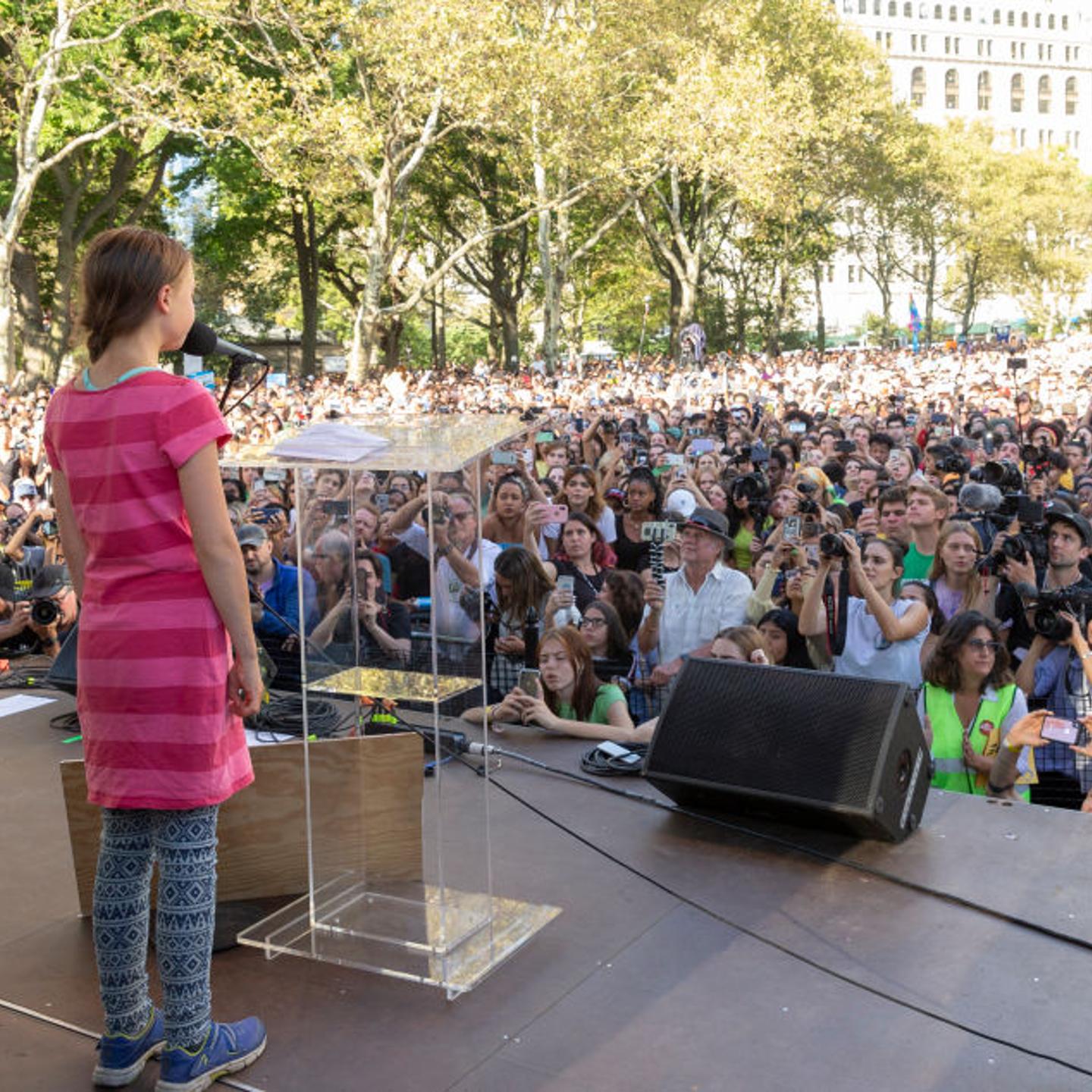 Greta Thunberg speaks on stage during NYC Climate Strike