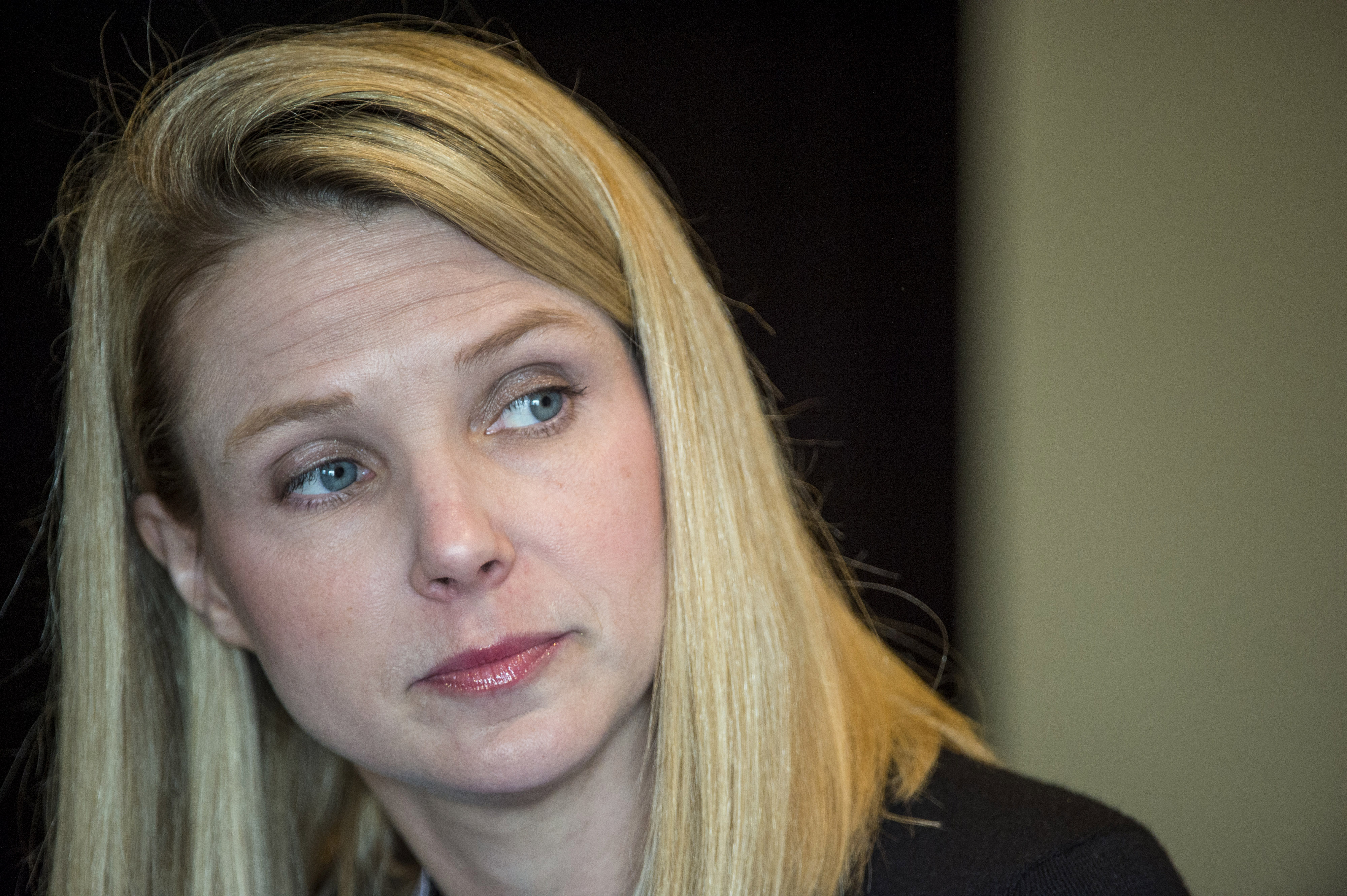Marissa Mayer, president and chief executive officer at Yahoo! Inc., listens to a reporters question during a press conference at the Yahoo! Inc.