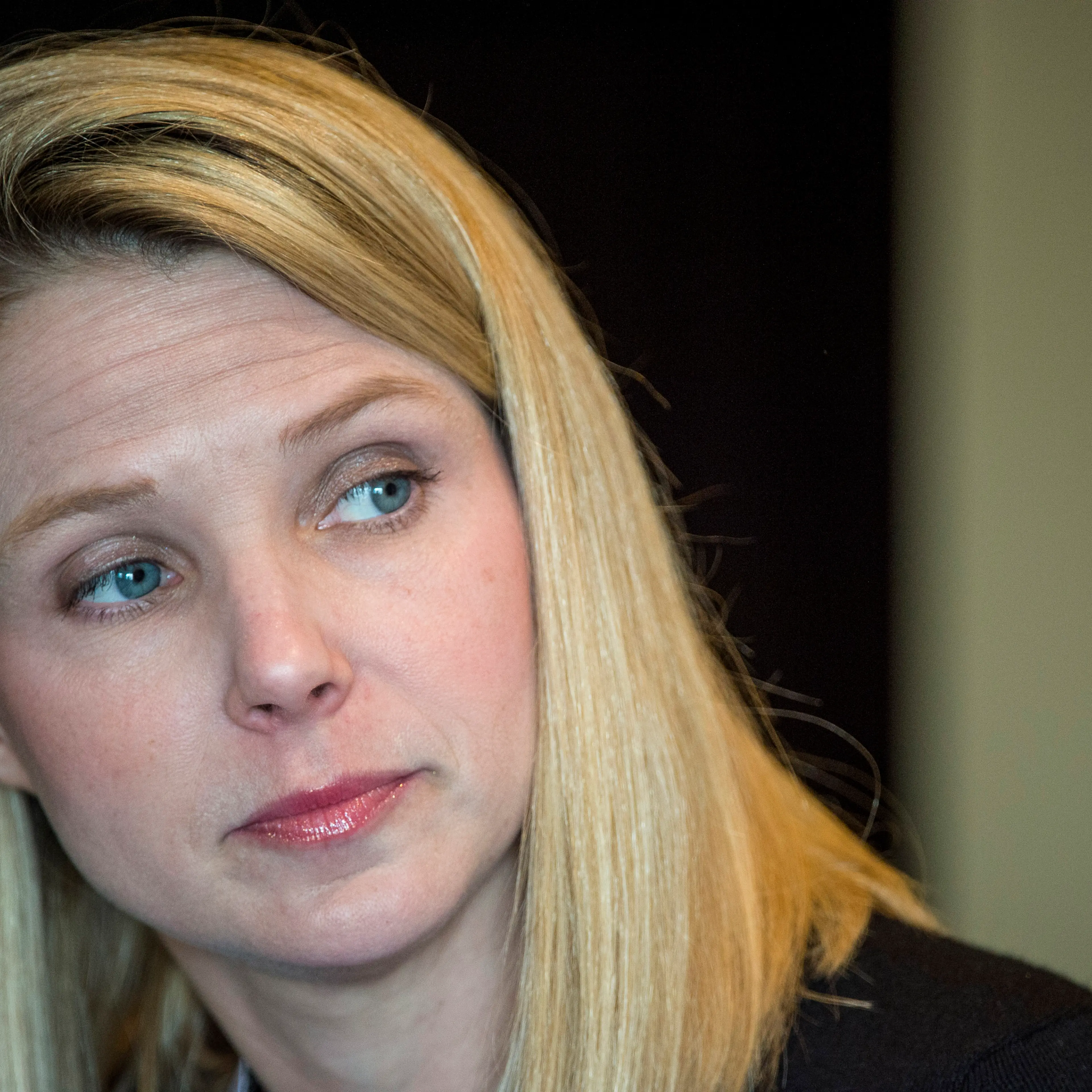 Marissa Mayer, president and chief executive officer at Yahoo! Inc., listens to a reporters question during a press conference at the Yahoo! Inc.