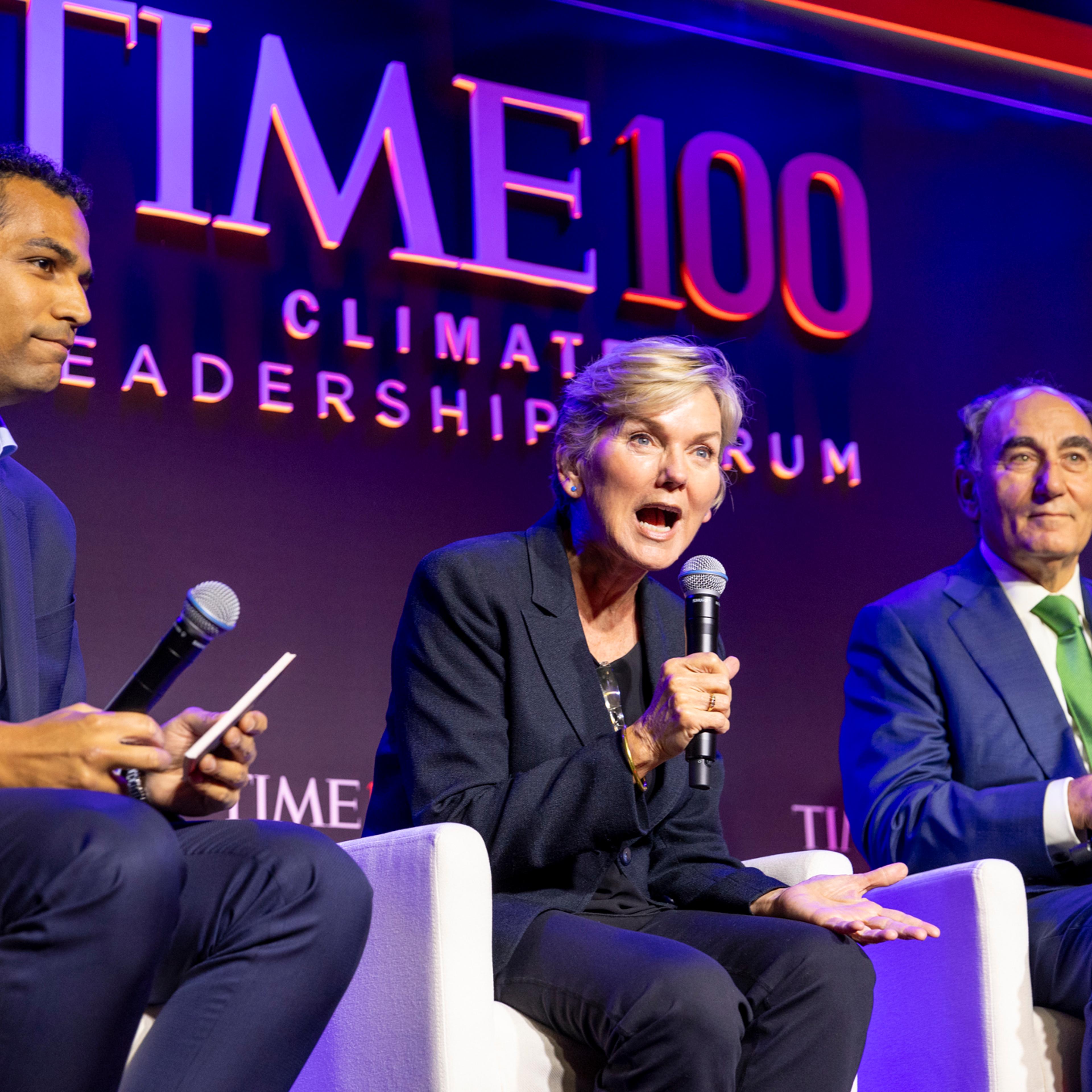 Jennifer Granholm, center, speaks on a panel at the TIME Climate Leadership Forum on Sept. 23 in New York City.