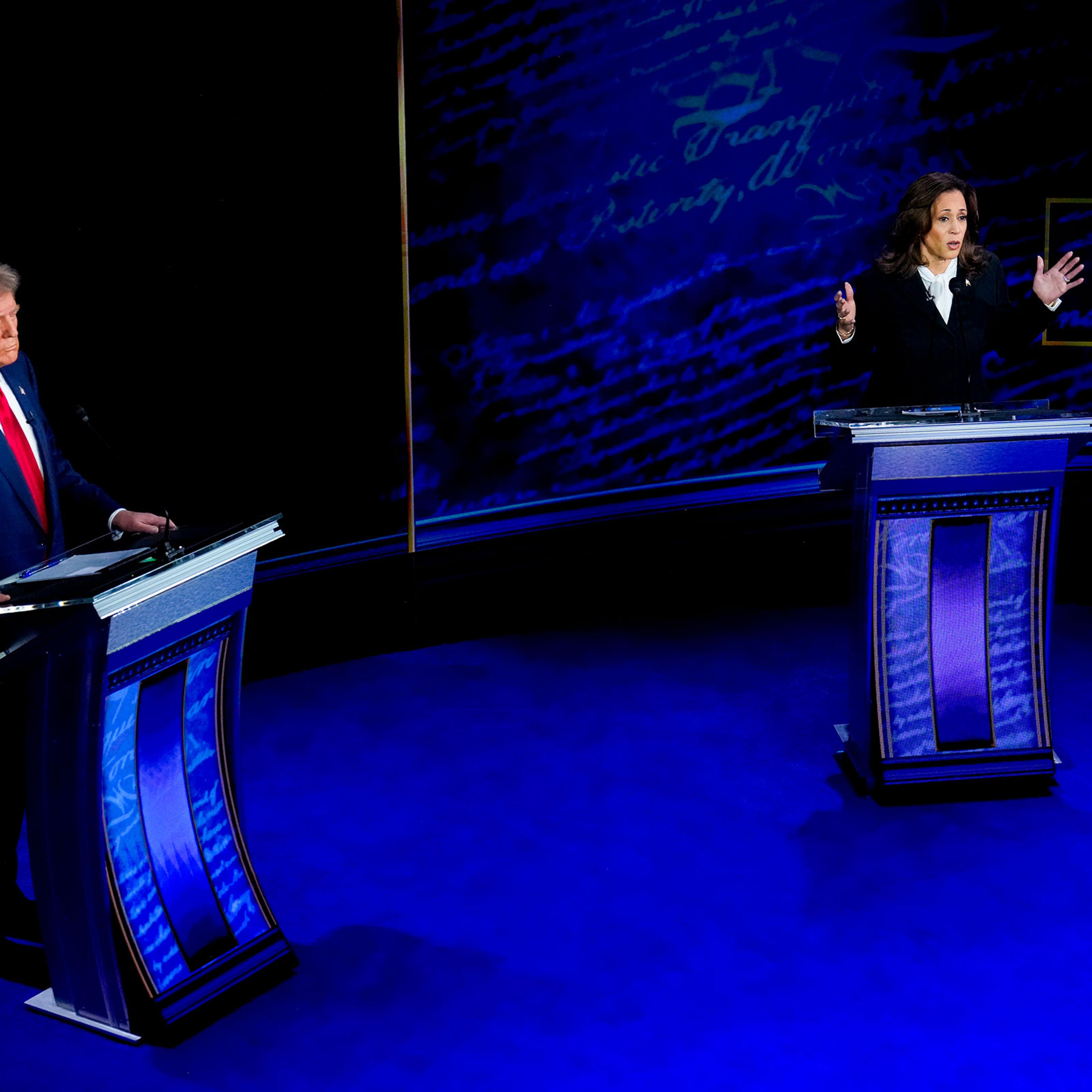 Vice President Kamala Harris, right, and former President Donald Trump during the second presidential debate in Philadelphia, on Sept. 10, 2024.