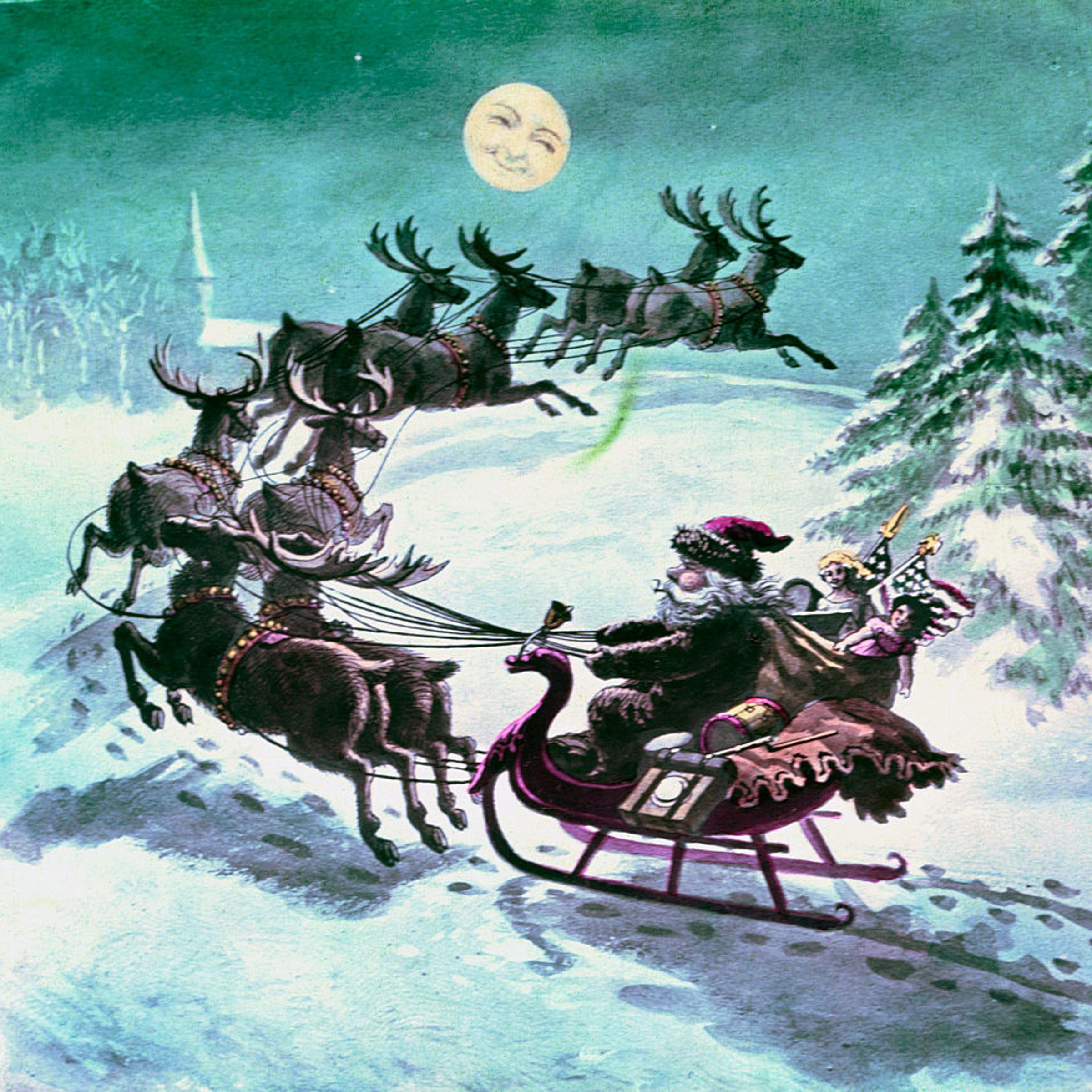 Smiling Moon Gazing on Santa Claus Riding in His Deer Drawn Sleigh