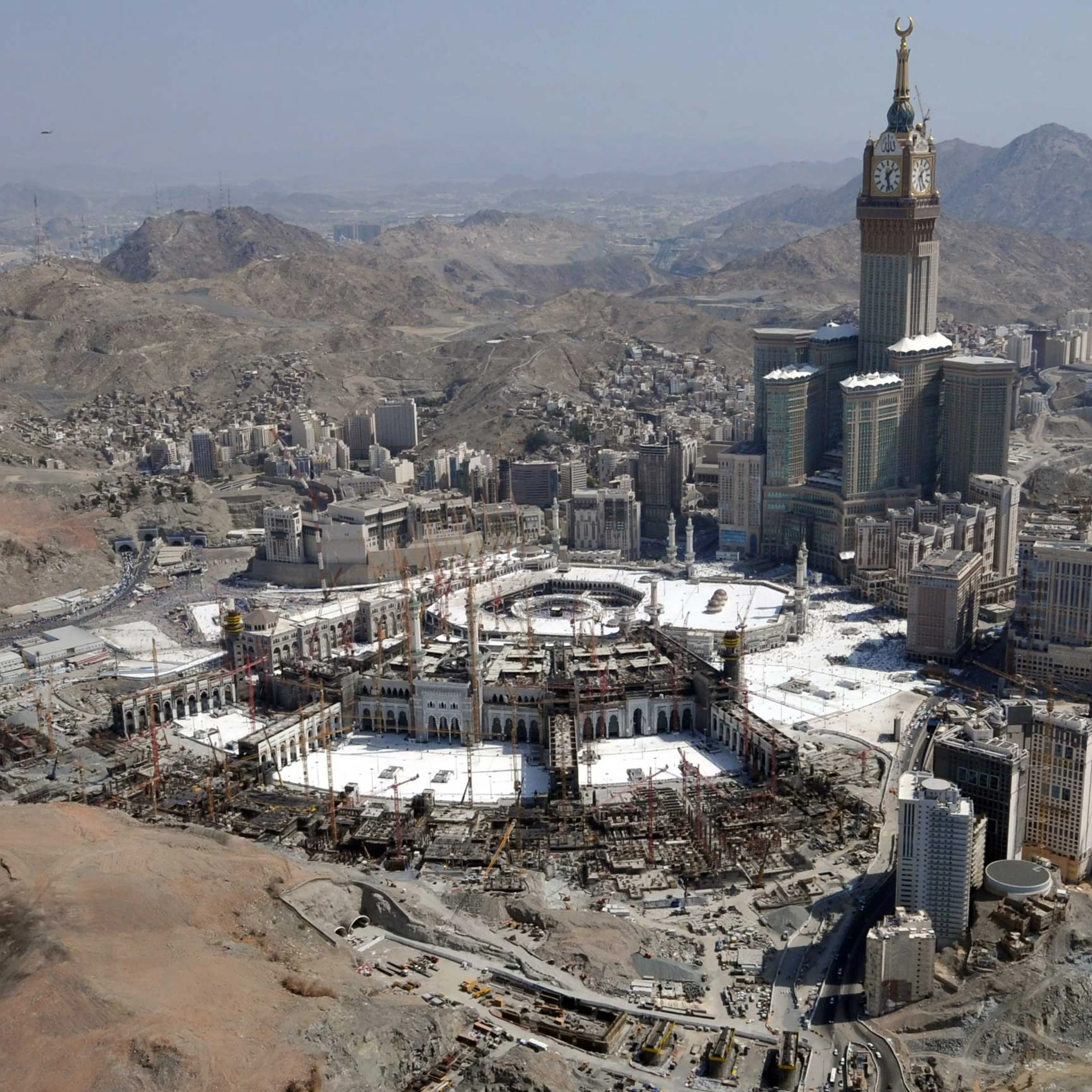 An aerial view shows the Clock Tower, the Grand Mosque, and surrounding constructions sites in the holy city of Mecca, in 2013.