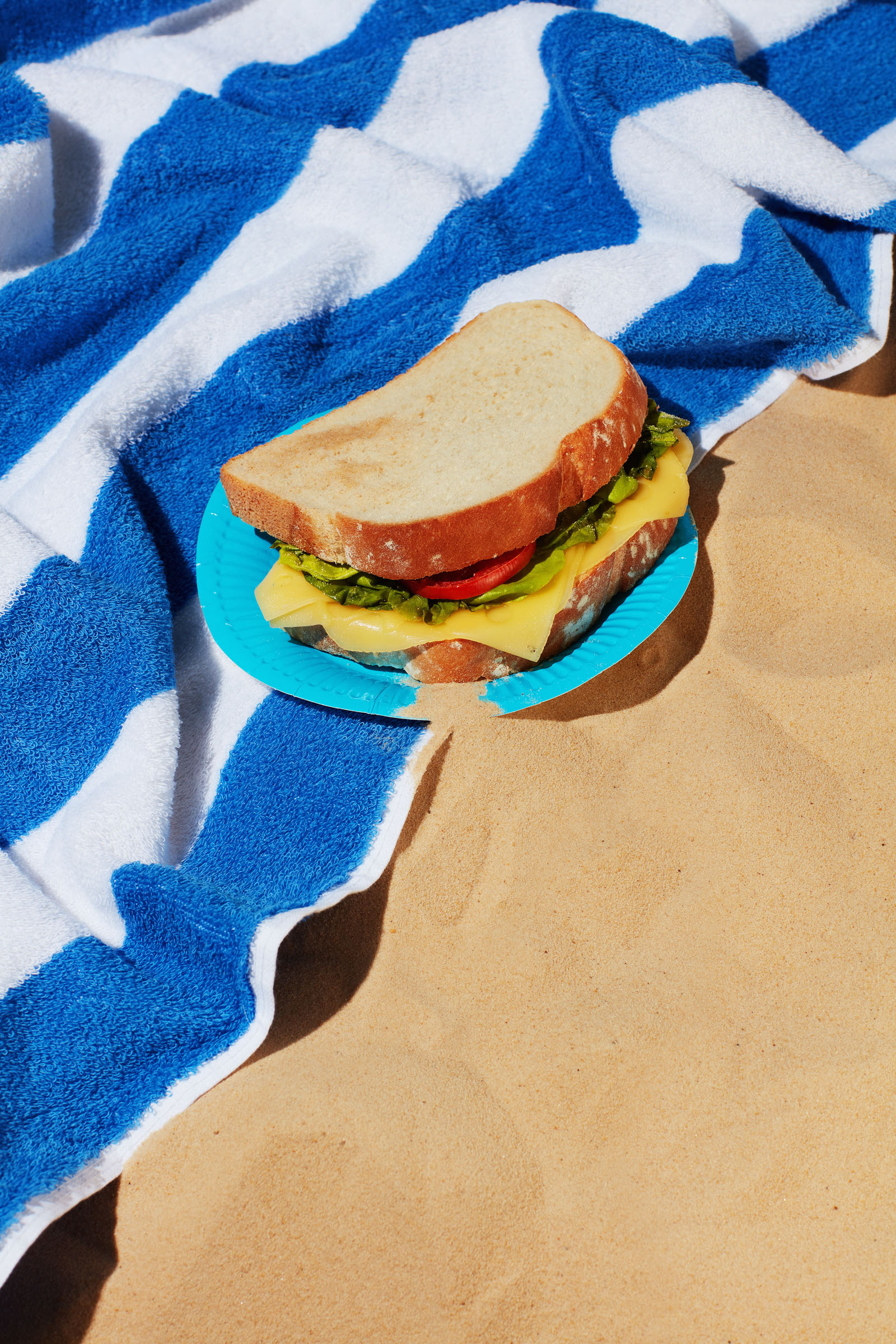 sandwich on blue and white beach towel