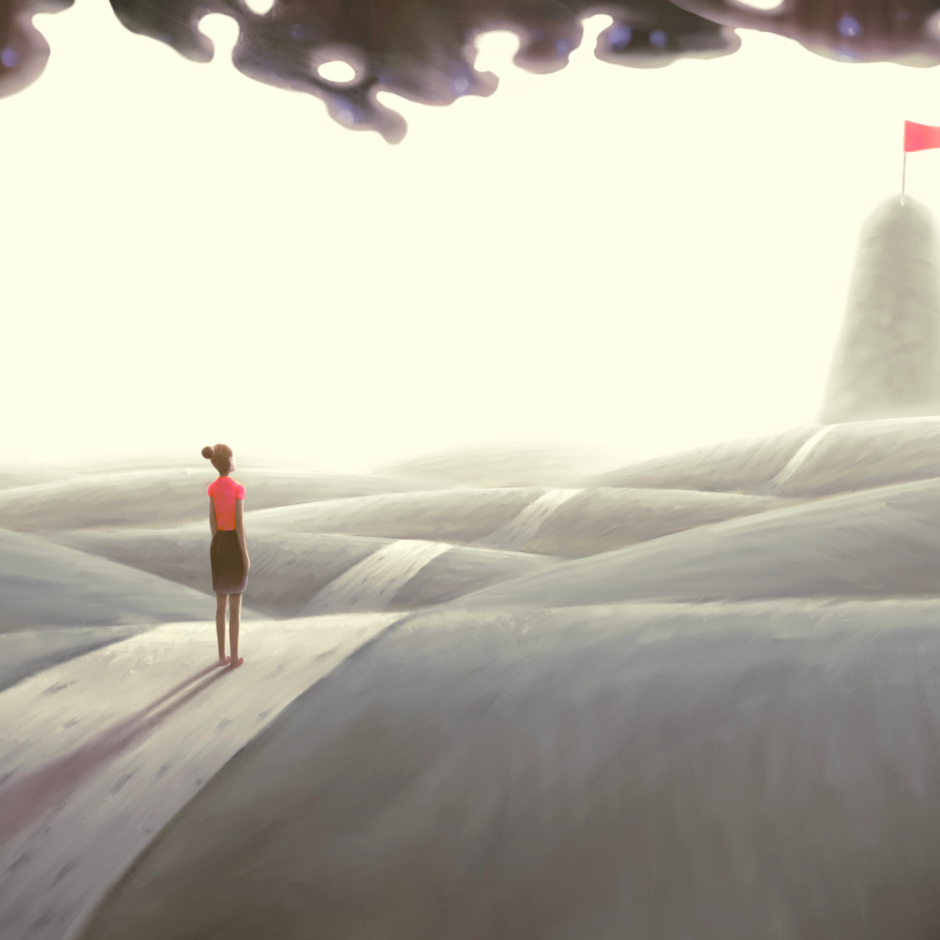 Concept art of success hope dream and ambition , surreal landscape painting, Lonely woman on hill looking at flag on mountain , imagination artwork