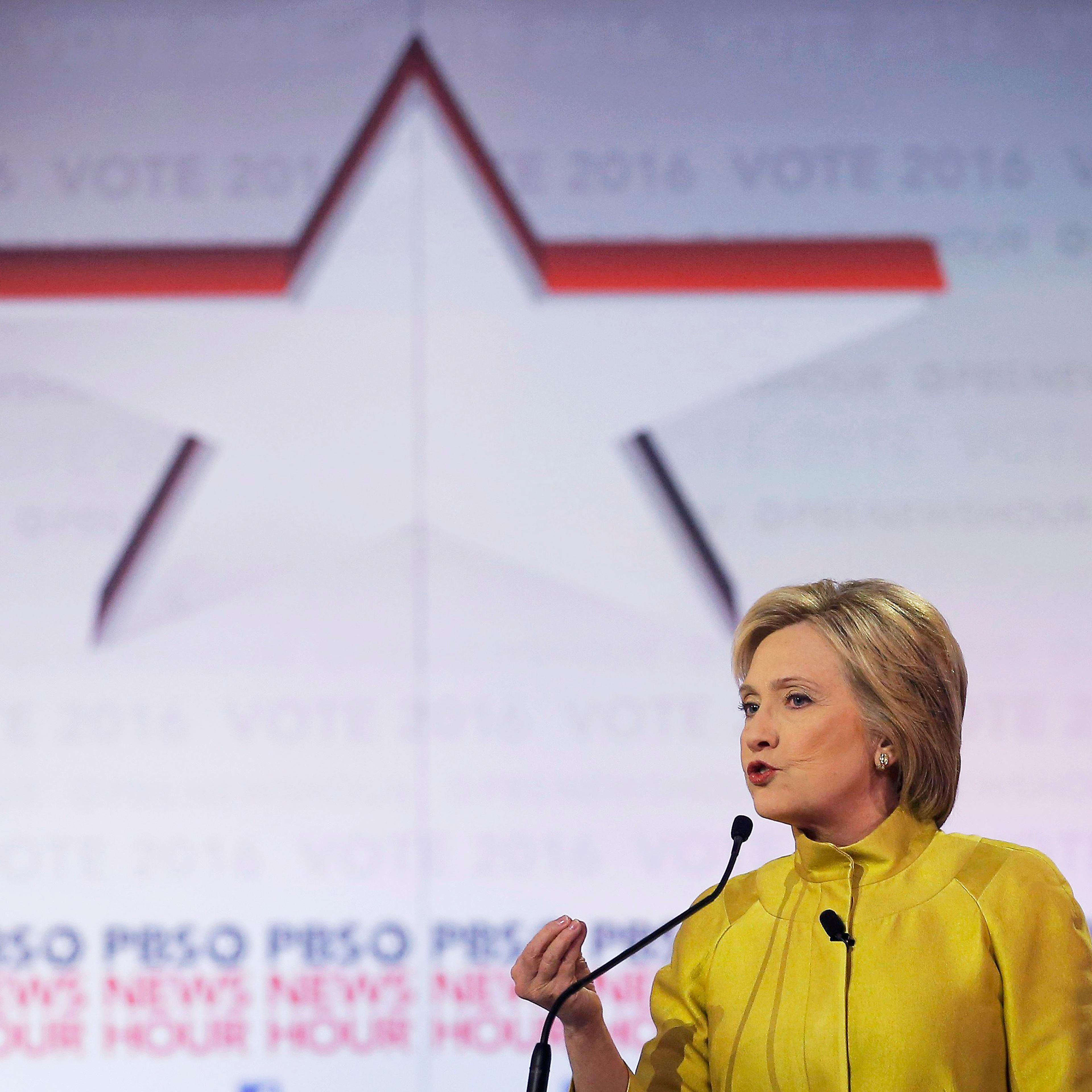 Democratic U.S. presidential candidate former Secretary of State Hillary Clinton speaks at the PBS NewsHour Democratic presidential candidates debate in Milwaukee