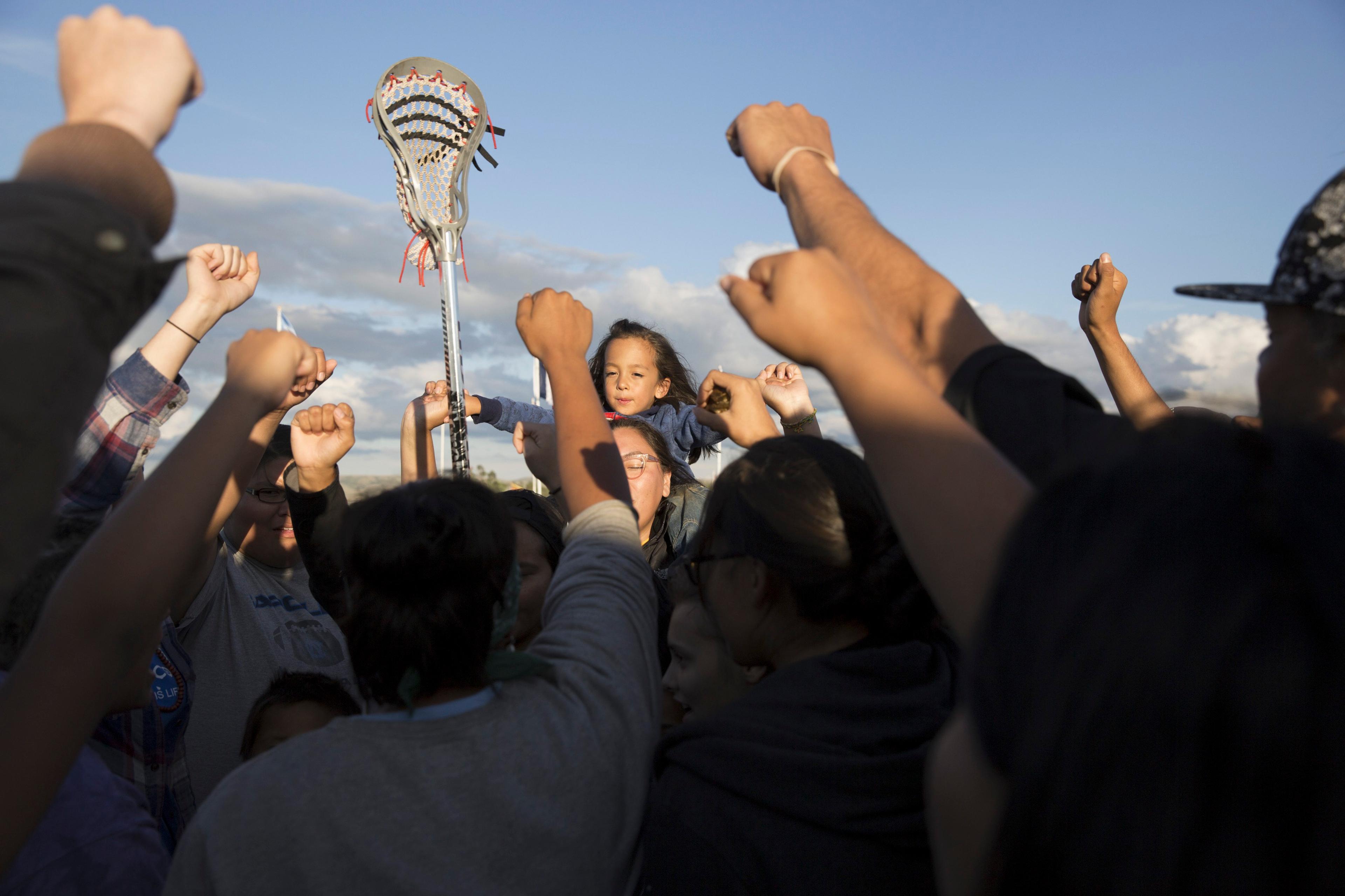 The Youth Camp Council marched and chanted in opposition to the pipeline construction at the Sacred Stone Camp, in North Dakota on Sept. 8, 2016.