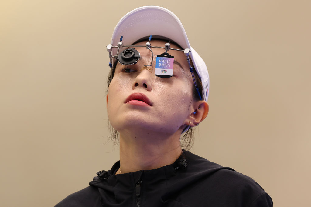 Kim Yeji of Team Republic of Korea prepares to shoot during the Women's 10m Air Pistol Final on day two of the Olympic Games Paris 2024 at Chateauroux Shooting Center in Chateauroux, France, on July 28, 2024.