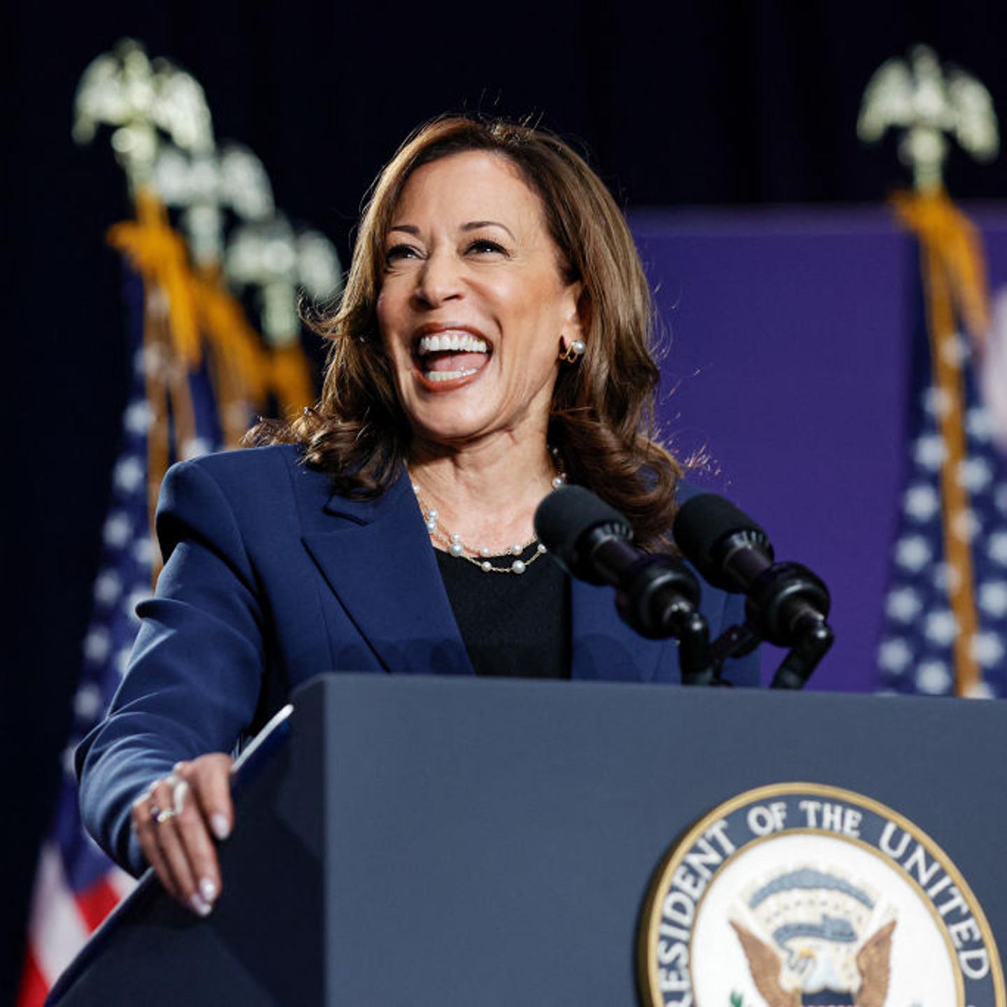 U.S. Vice President and Democratic Presidential candidate Kamala Harris speaks at West Allis Central High School during her first campaign rally in Milwaukee, Wisconsin, on July 23, 2024.