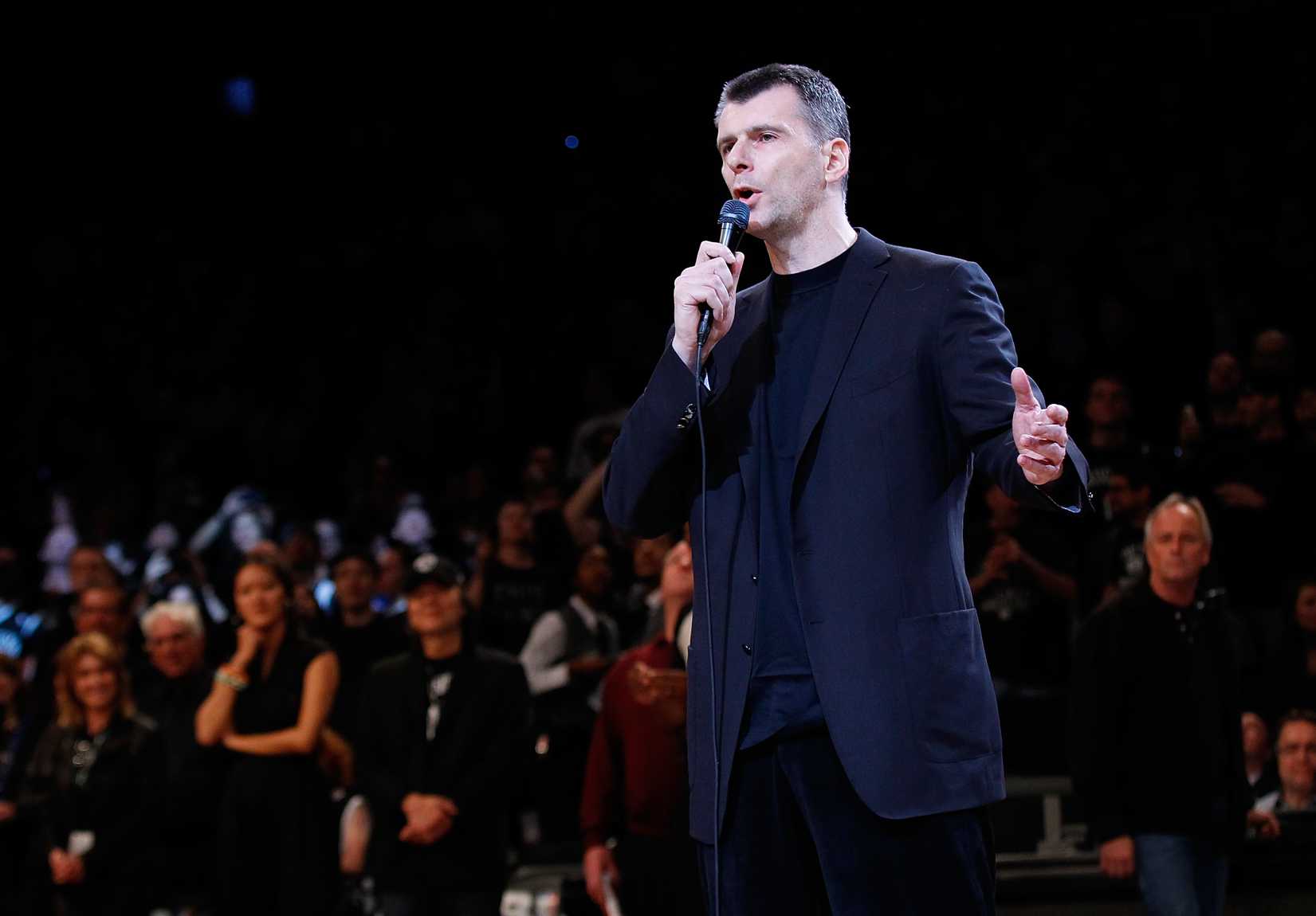 Brooklyn Nets Owner Mikhail Prokhorov speaks to the crowd prior to the game between the Brooklyn Nets and the Chicago Bulls during Game One of the Eastern Conference Quarterfinals of the 2013 NBA Playoffs at Barclays Center on April 20, 2013 in New York City.