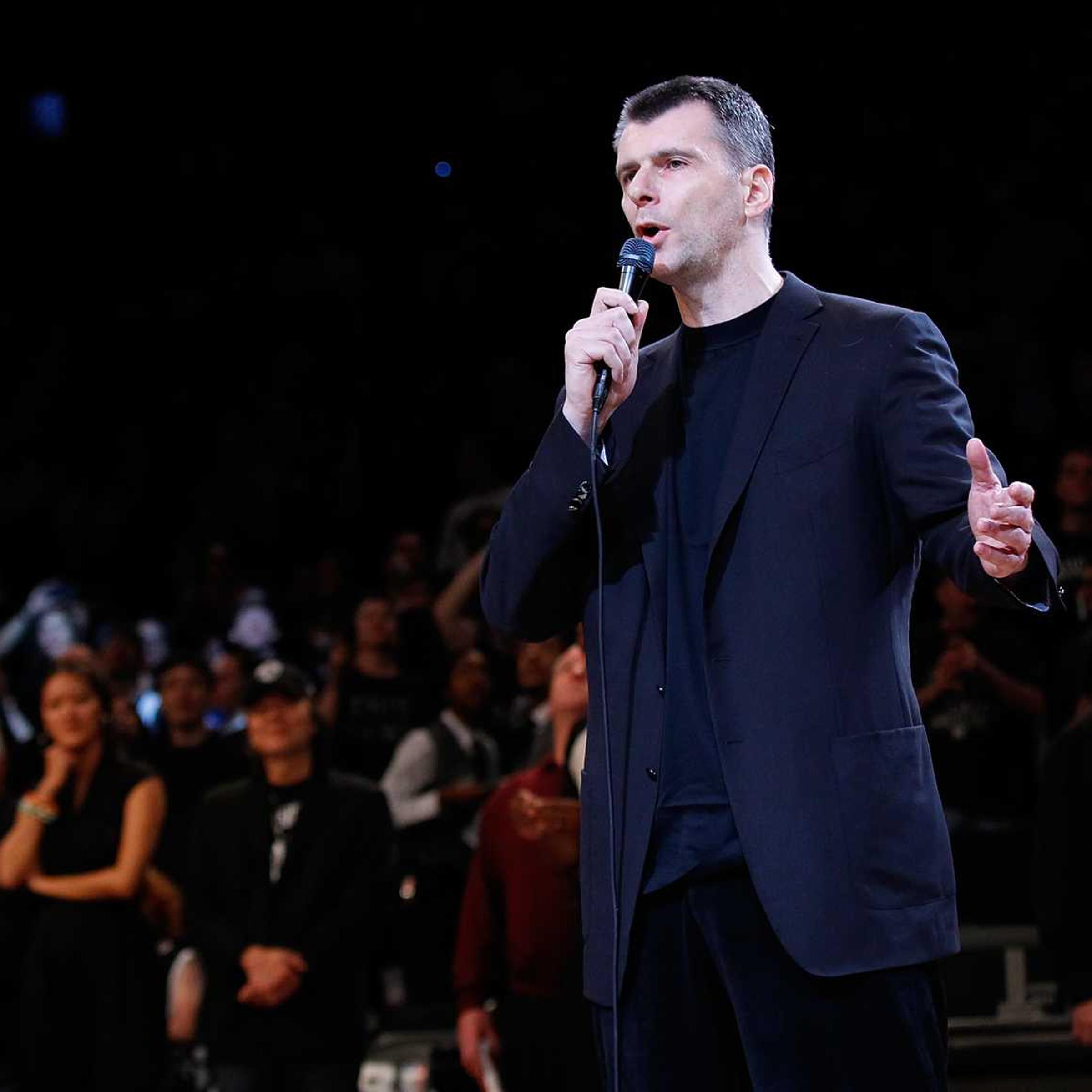 Brooklyn Nets Owner Mikhail Prokhorov speaks to the crowd prior to the game between the Brooklyn Nets and the Chicago Bulls during Game One of the Eastern Conference Quarterfinals of the 2013 NBA Playoffs at Barclays Center on April 20, 2013 in New York City.