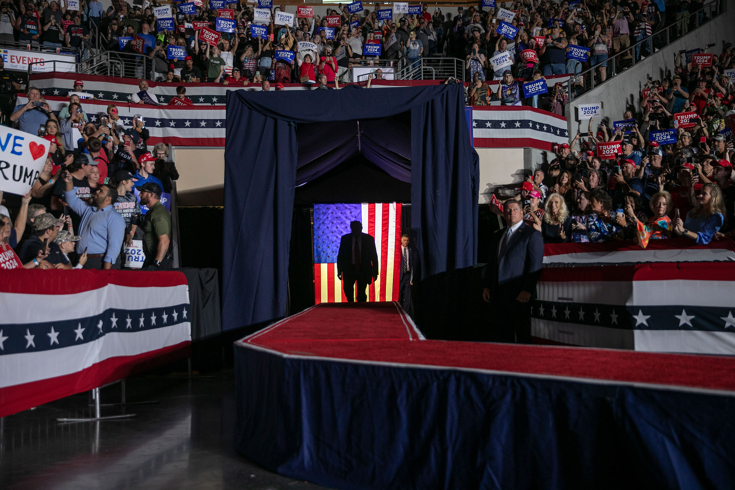Former President Donald Trump taking the stage at a rally in Erie, Pa. on July 29, 2023. (Maddie McGarvey/The New York Times)