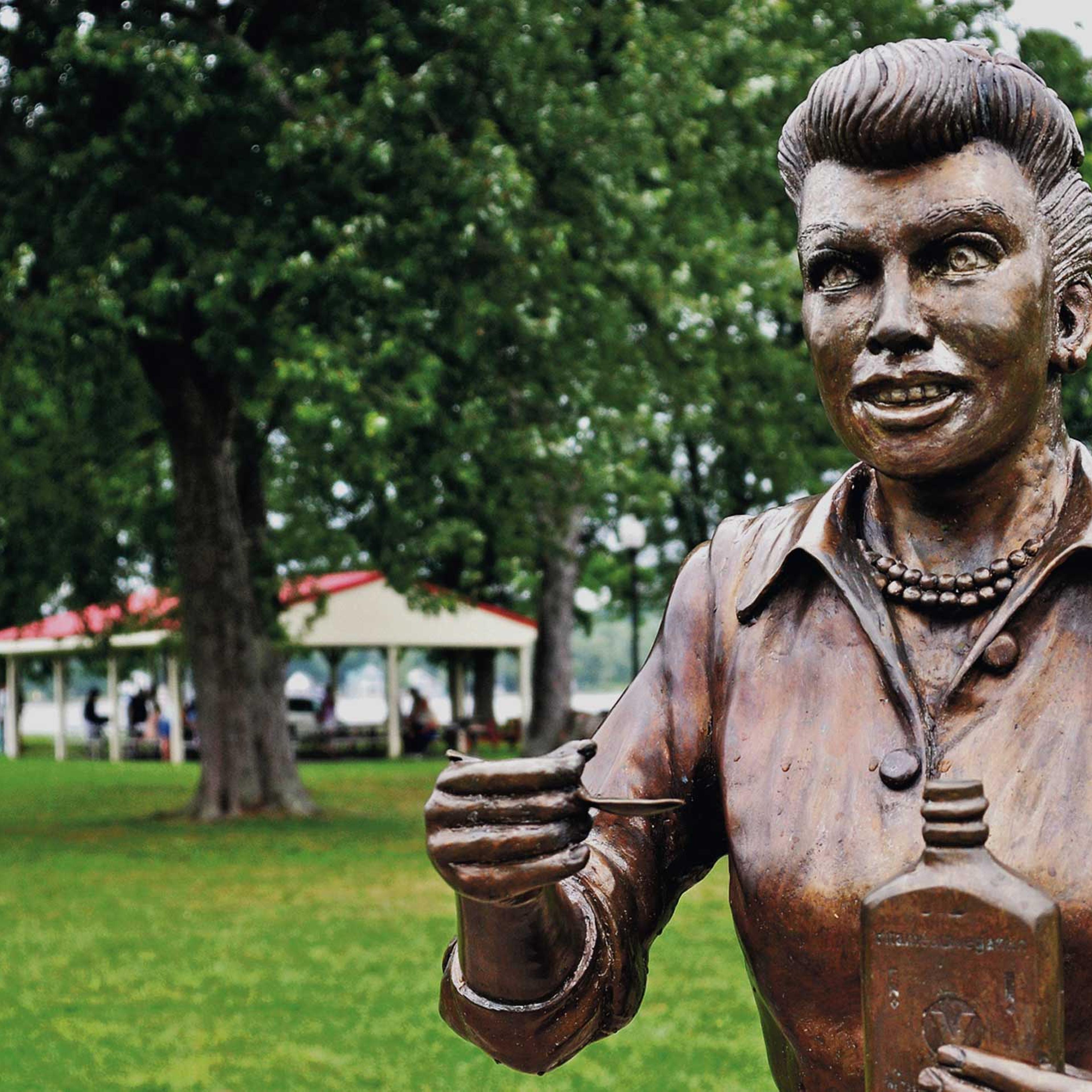 A bronze sculpture of Lucille Ball is displayed in Lucille Ball Memorial Park in the village of Celoron, N.Y., in her hometown.