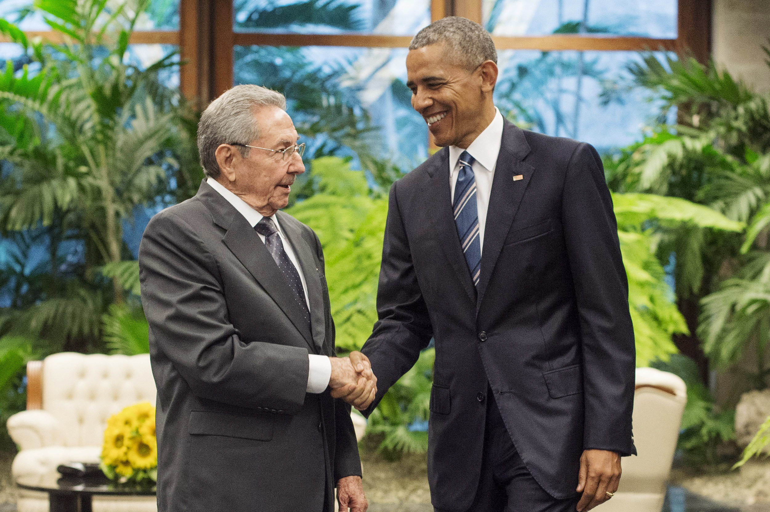 US President Barack Obama greets President of Cuba Raul Castro at the Palace of the Revolution in Havana, Cuba on March 21, 2016.